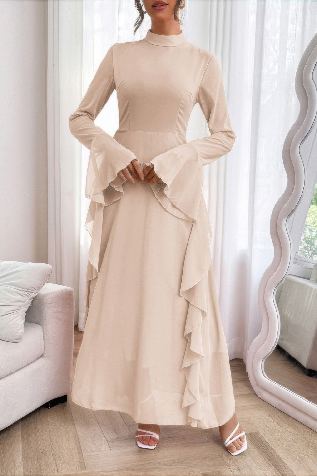 Solid Stand Collar Flare Sleeve Ruffle Full Dress - It's a Girly Place