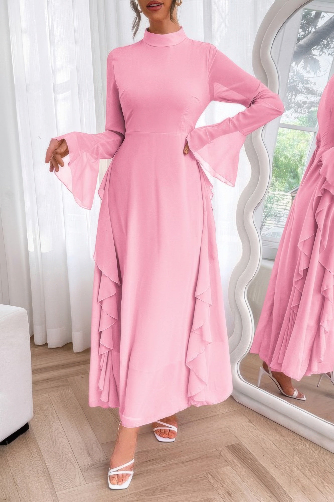 Solid Stand Collar Flare Sleeve Ruffle Full Dress - It's a Girly Place