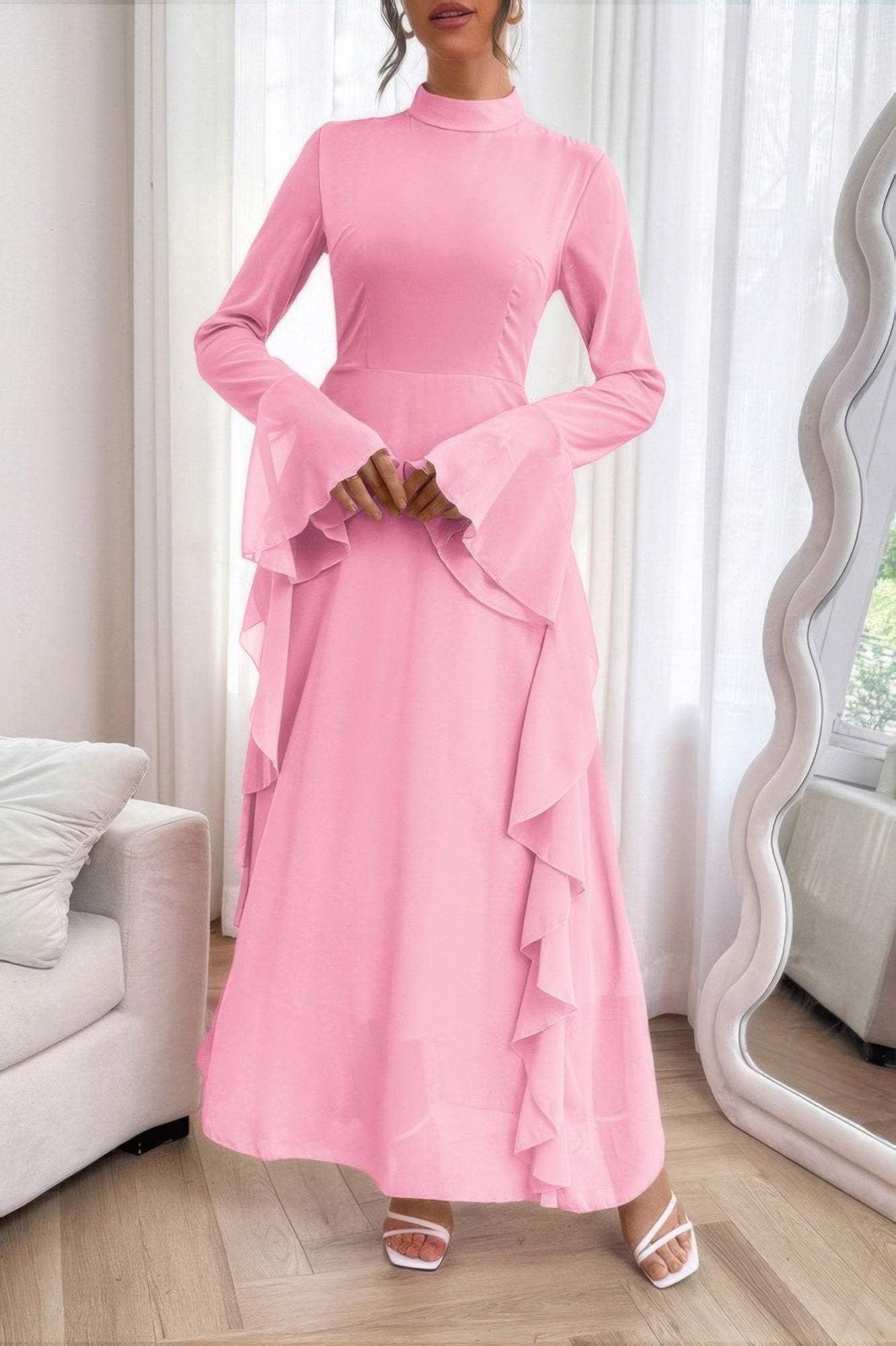 Solid Stand Collar Flare Sleeve Ruffle Full Dress - It's a Girly Place