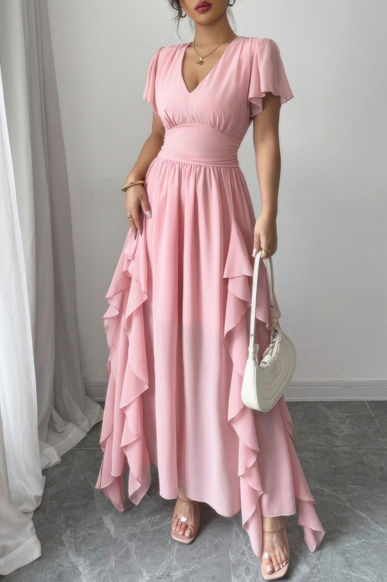 Solid V Neck High Waist Band Ruffle Hem Dress - It's a Girly Place