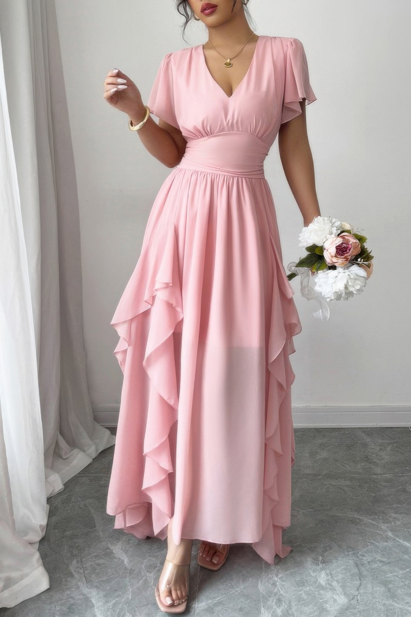 Solid V Neck High Waist Band Ruffle Hem Dress - It's a Girly Place