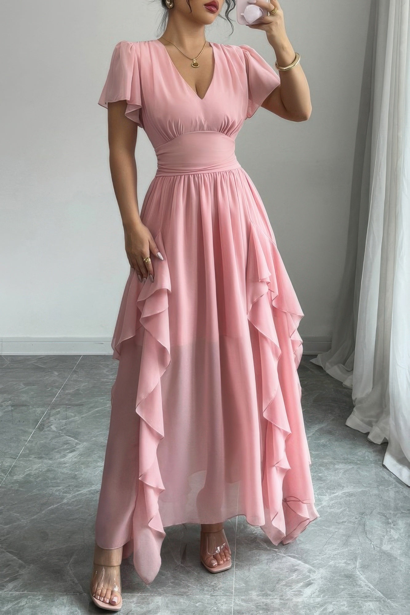 Solid V Neck High Waist Band Ruffle Hem Dress - It's a Girly Place