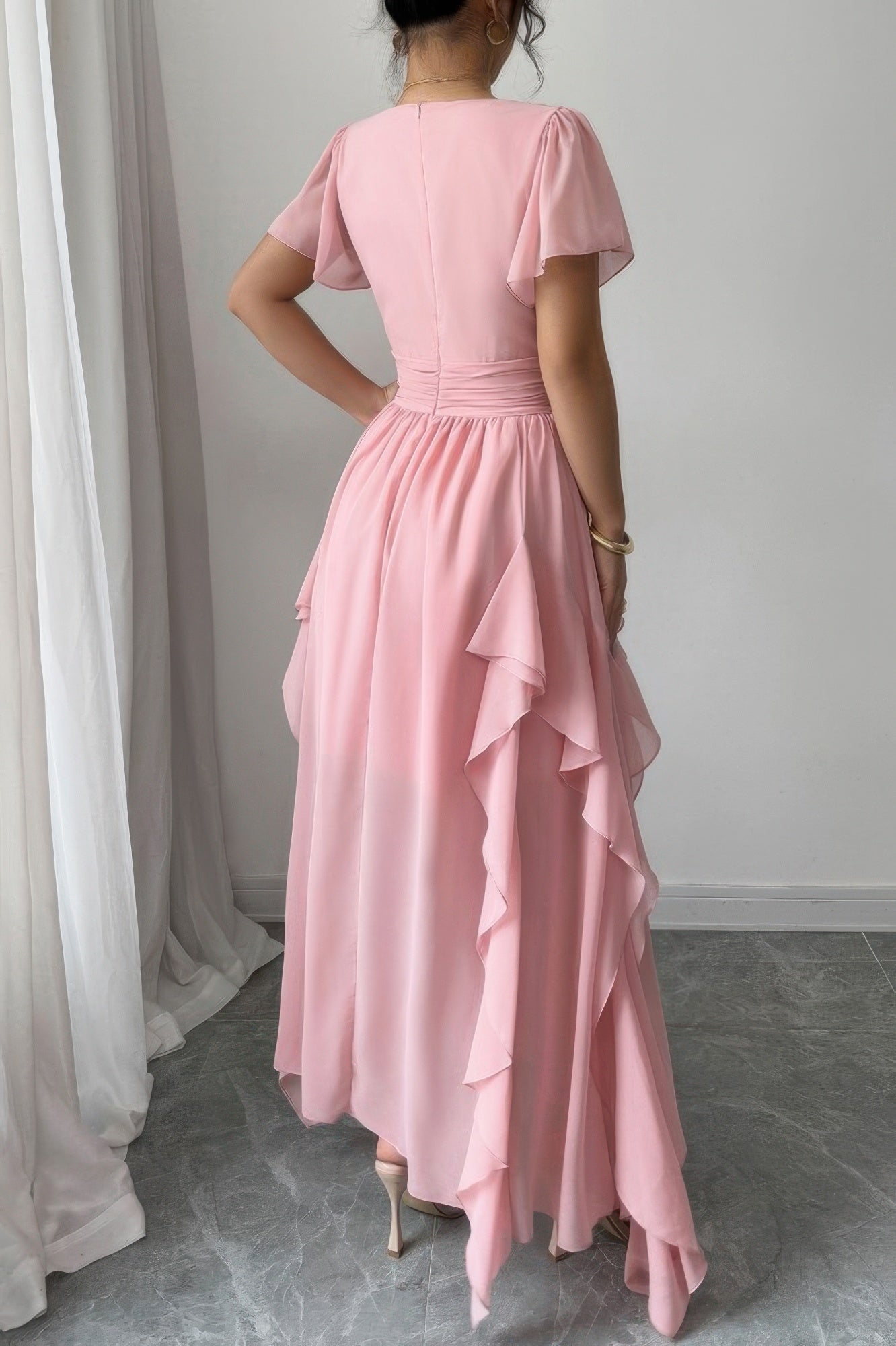 Solid V Neck High Waist Band Ruffle Hem Dress - It's a Girly Place