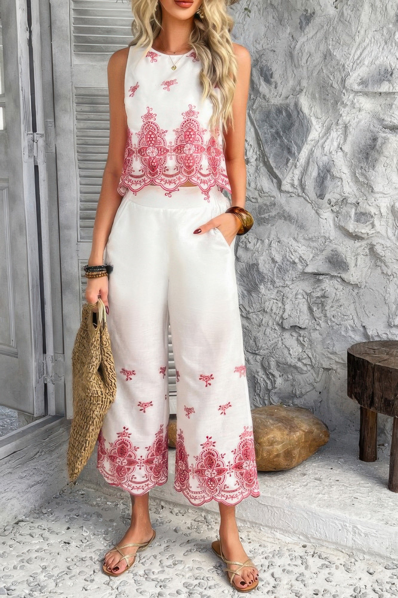 Twp Pieces Tile Inspired Embroidery Sleeveless Set - It's a Girly Place