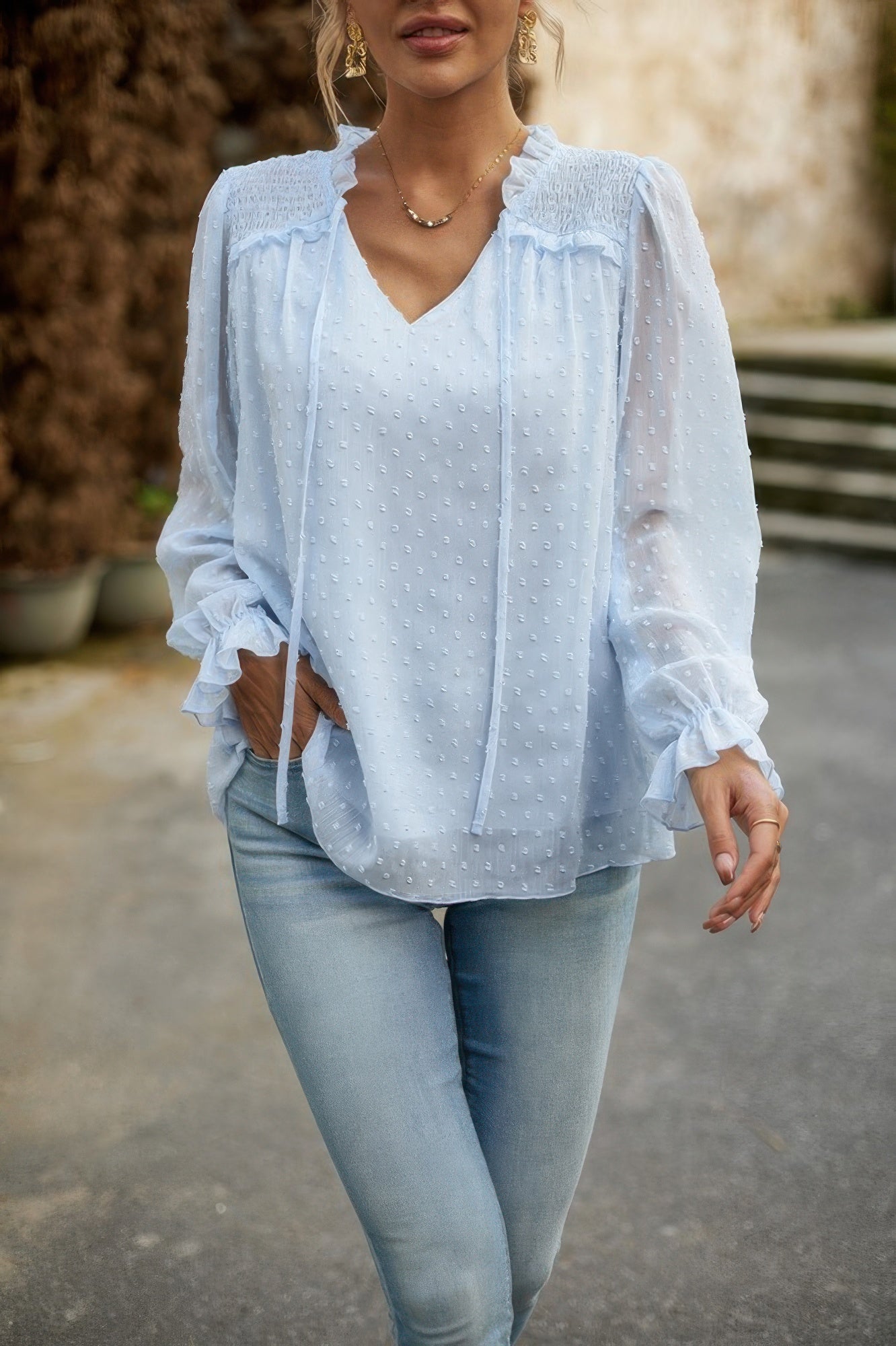 Swiss Dot Ruched Shoulder Hem Ruffle Blouse - It's a Girly Place
