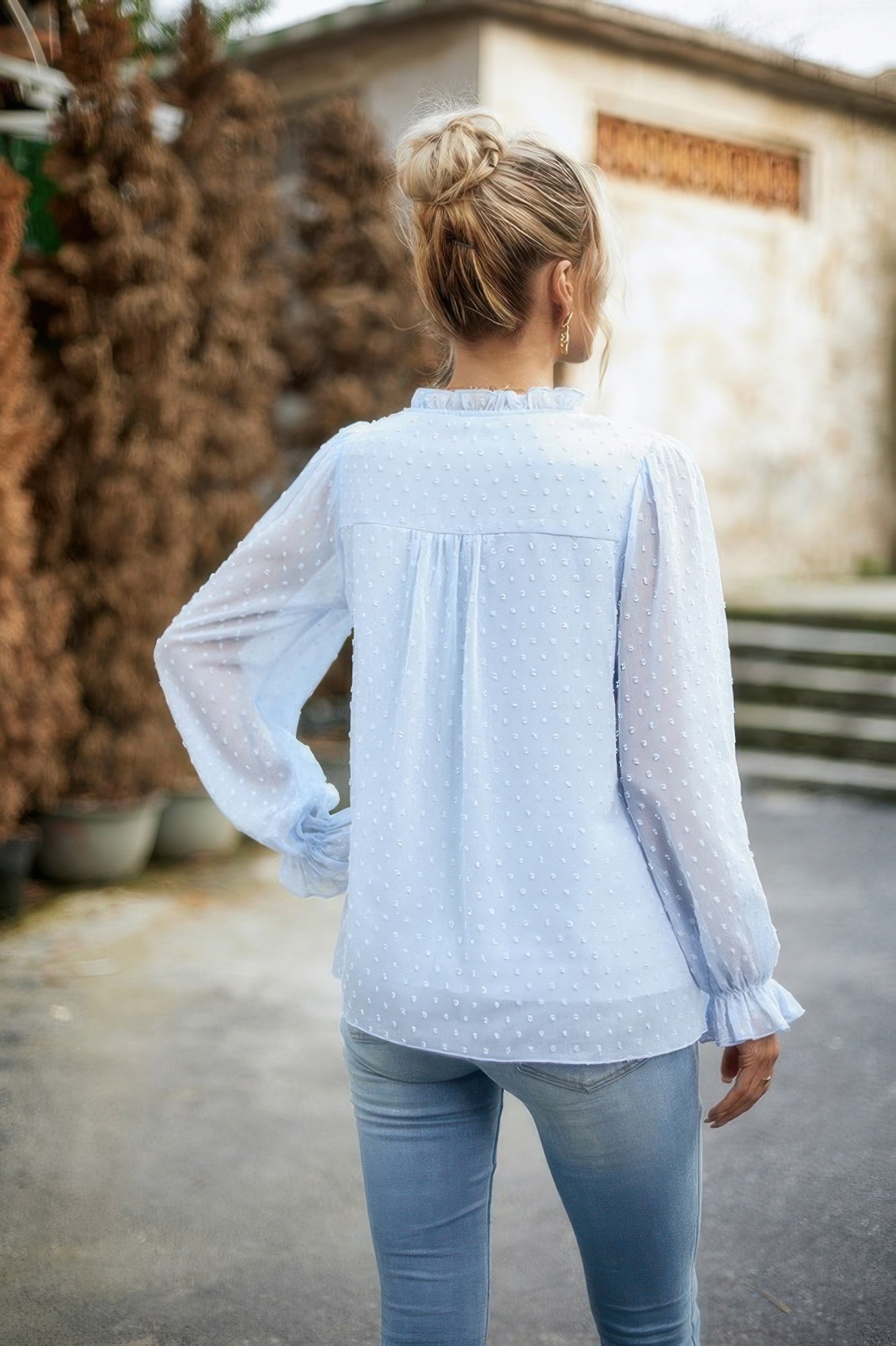 Swiss Dot Ruched Shoulder Hem Ruffle Blouse - It's a Girly Place