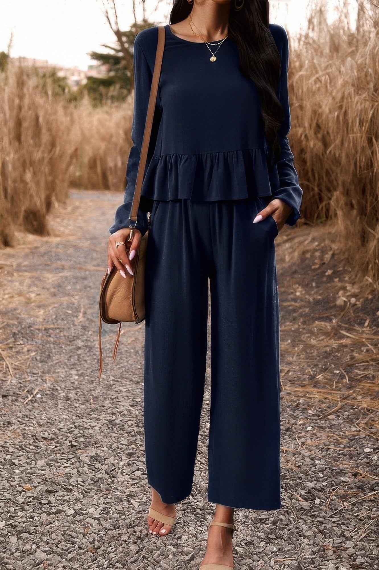 Two Pieces Button Back Ruffle Plain Pocket Sets