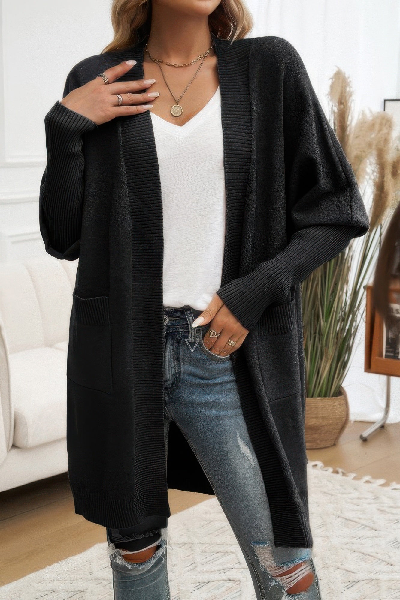 Knit Open Front Bishop Sleeves Pockets Cardigan - It's a Girly Place