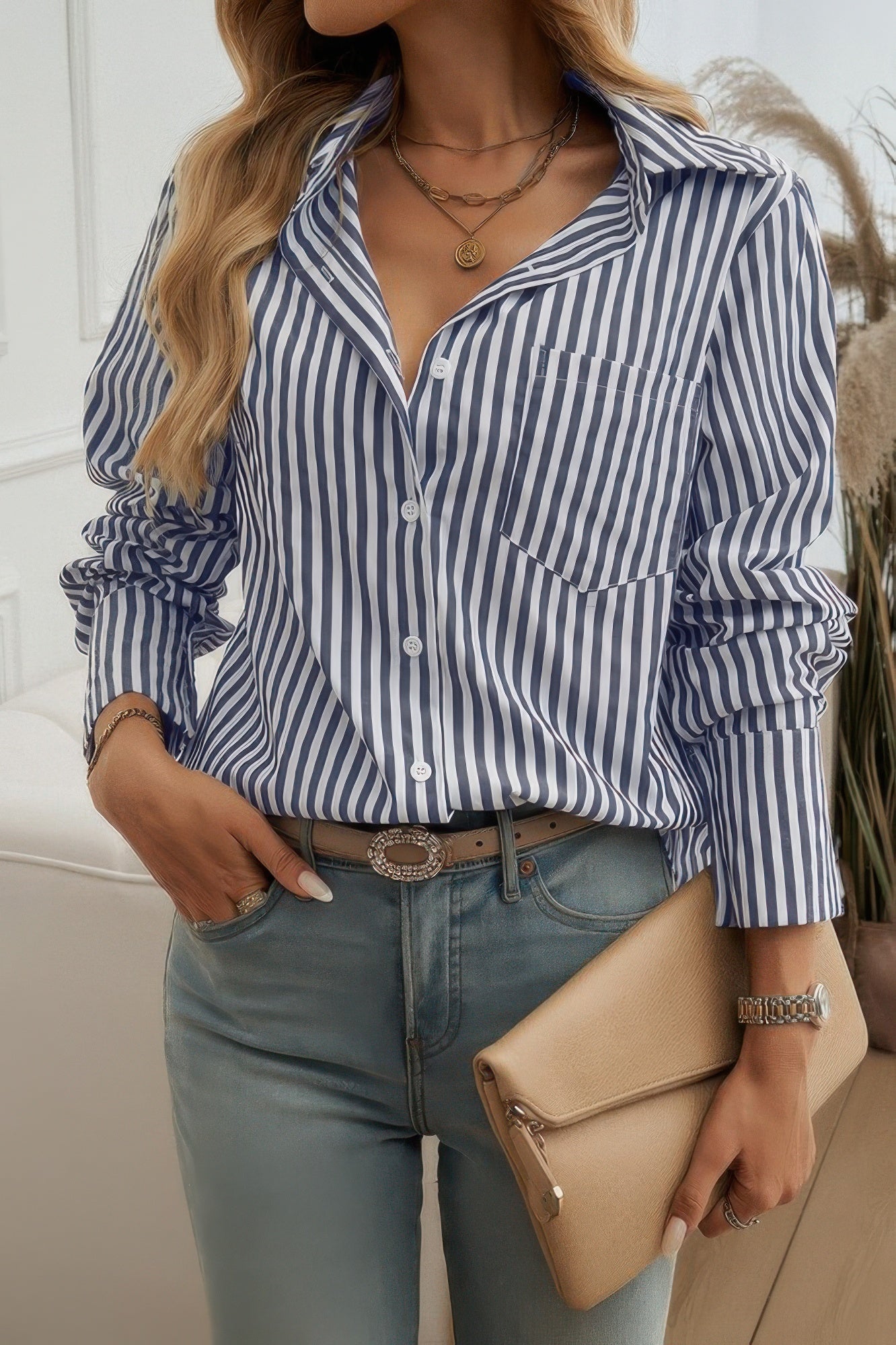 Strip Pocket Button Front Open Loose Blouse - It's a Girly Place