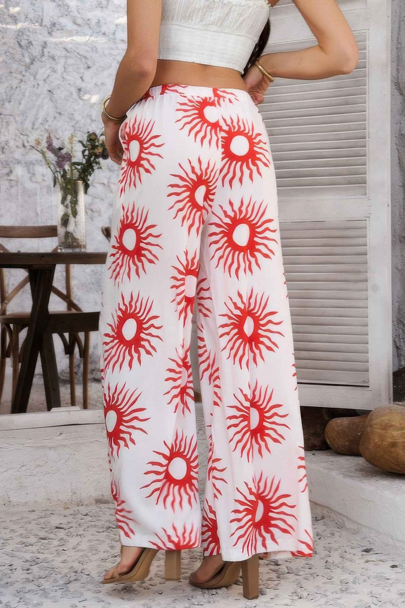 Allover Print Drawstring Pockets Wide Leg Pants