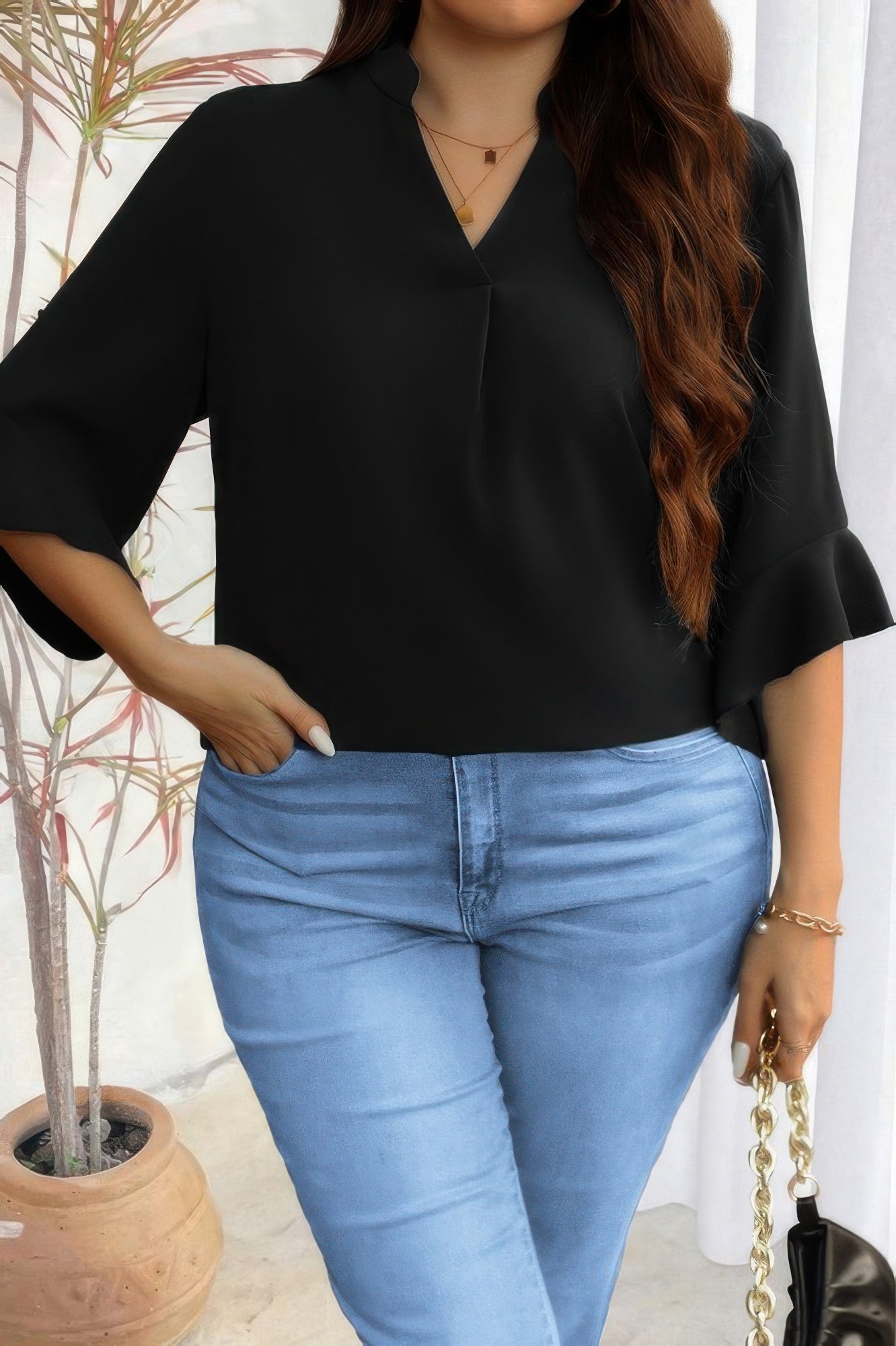 Plus V Neck Ruffle Half Sleeves Loose Blouse - It's a Girly Place