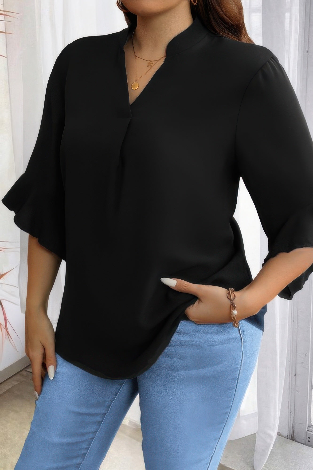 Plus V Neck Ruffle Half Sleeves Loose Blouse - It's a Girly Place