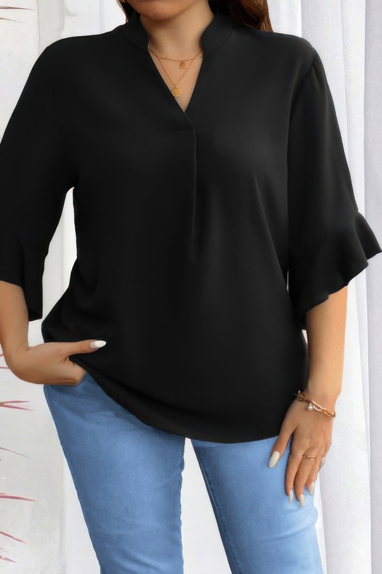 Plus V Neck Ruffle Half Sleeves Loose Blouse - It's a Girly Place