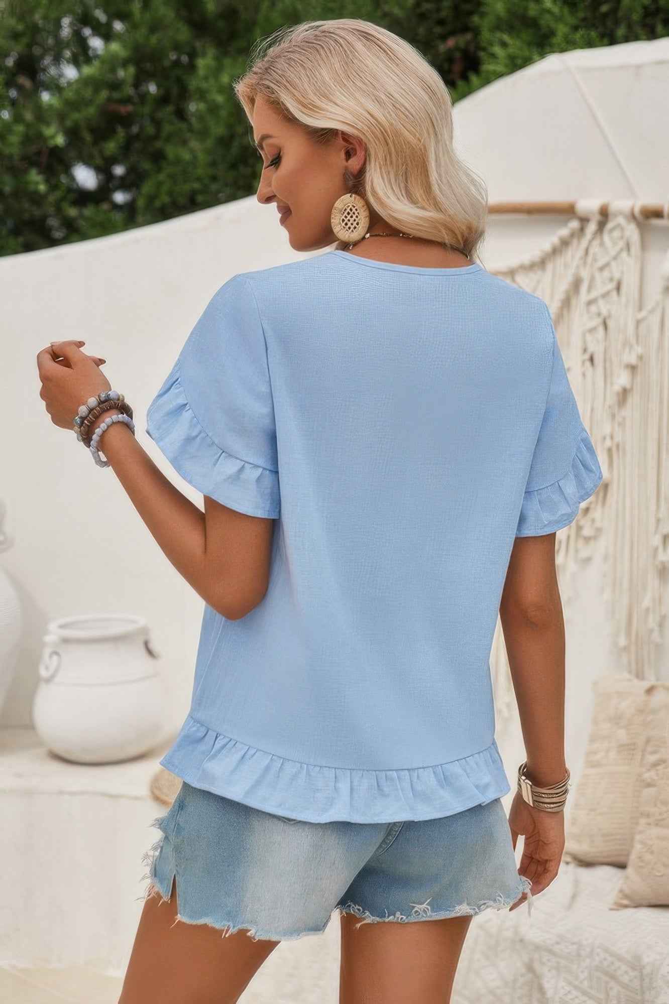Solid V Neck Ruffle Hem Loose Fit Blouse