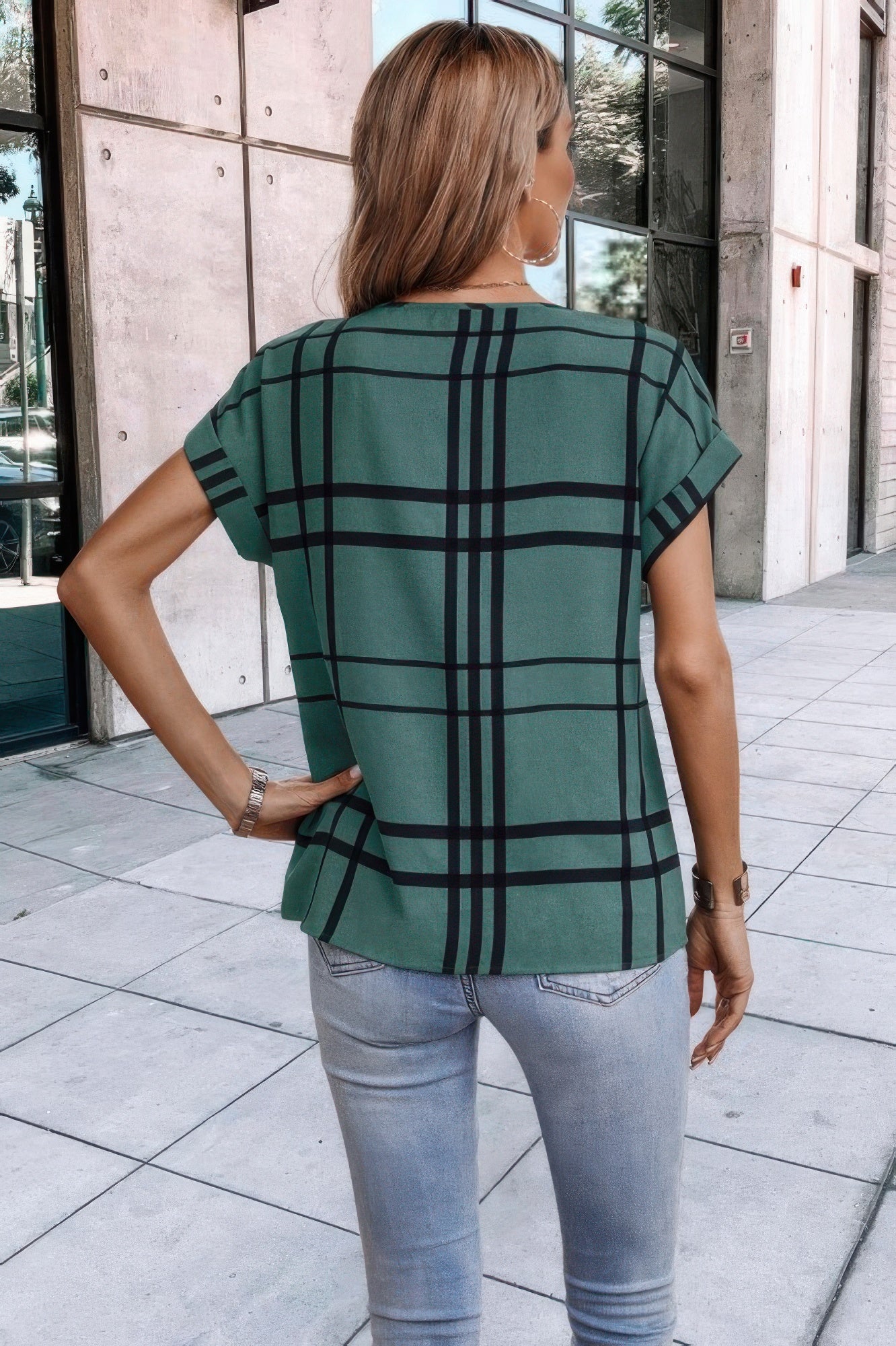Plaid Print Notched Neckline Batwing Sleeve Blouse - It's a Girly Place