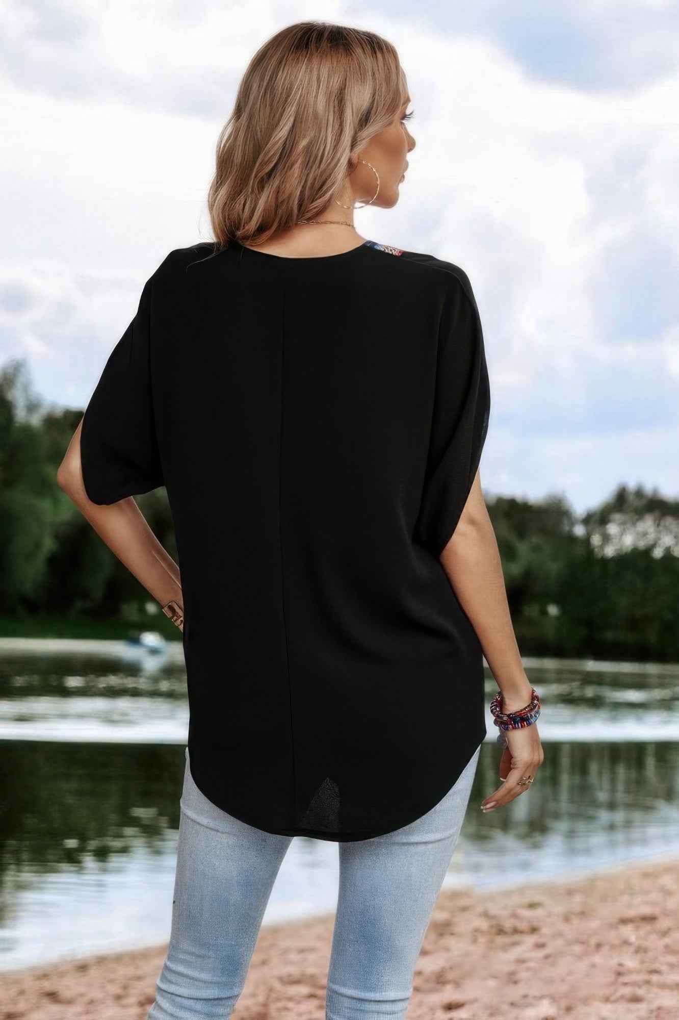 V Neck Short Dolman Sleeves Boho Loose Top