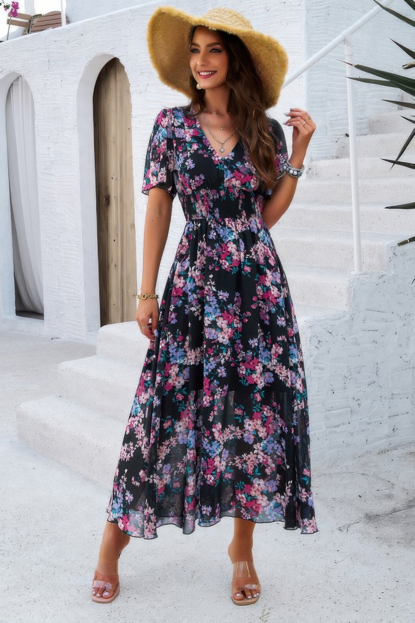 Boho Floral Print High Waist Band Fit Lined Dress - It's a Girly Place