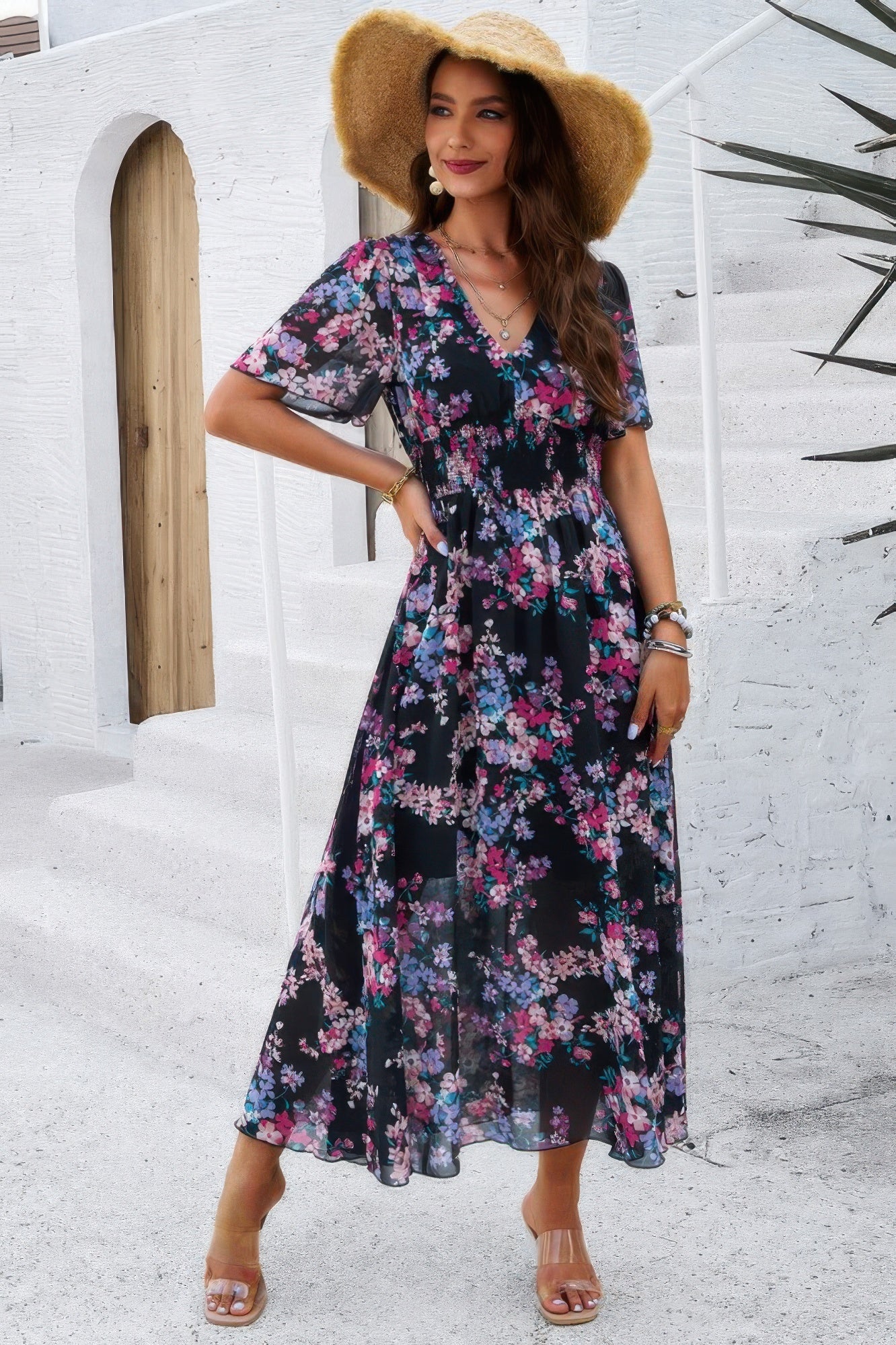 Boho Floral Print High Waist Band Fit Lined Dress - It's a Girly Place