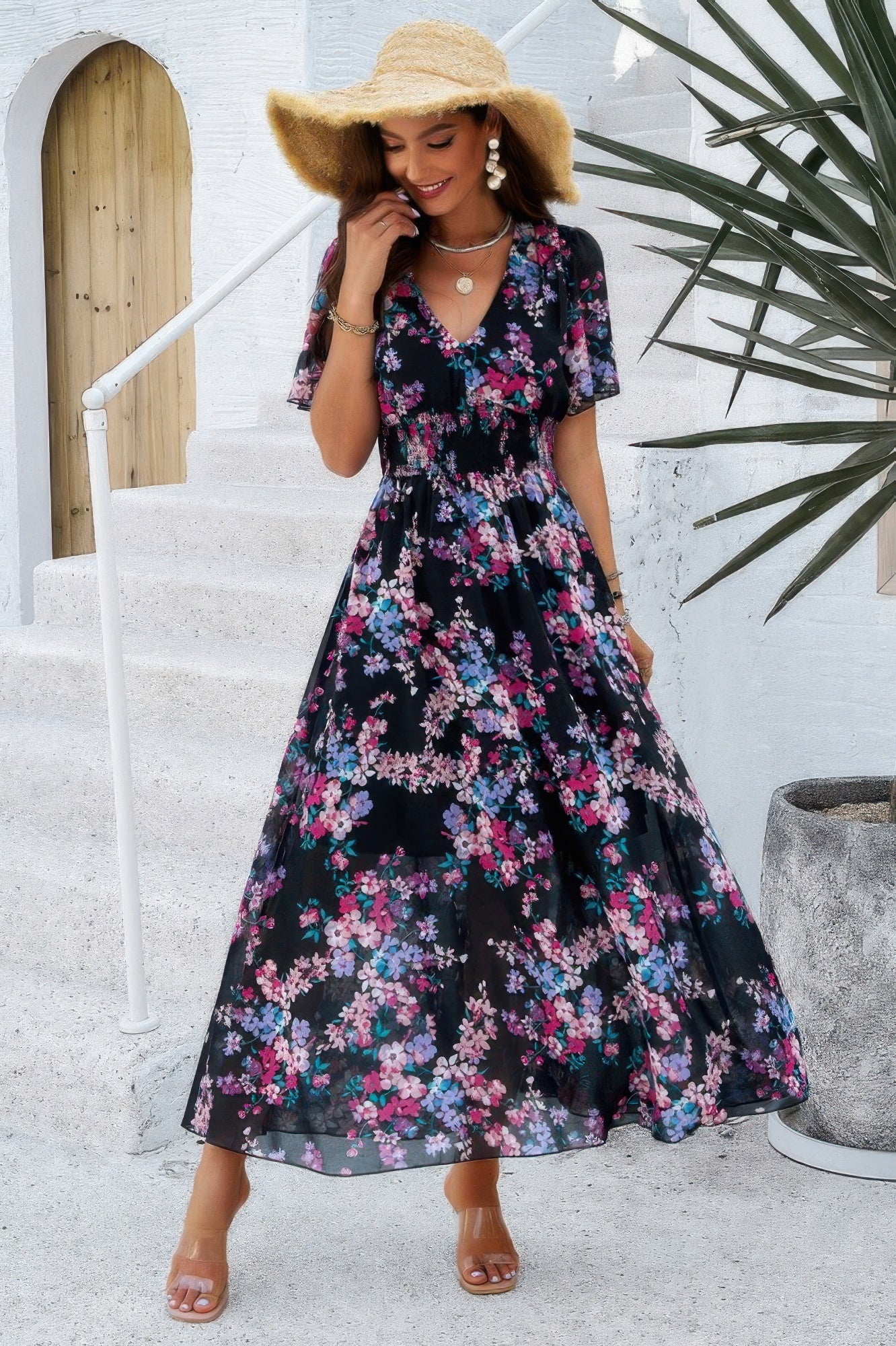 Boho Floral Print High Waist Band Fit Lined Dress - It's a Girly Place
