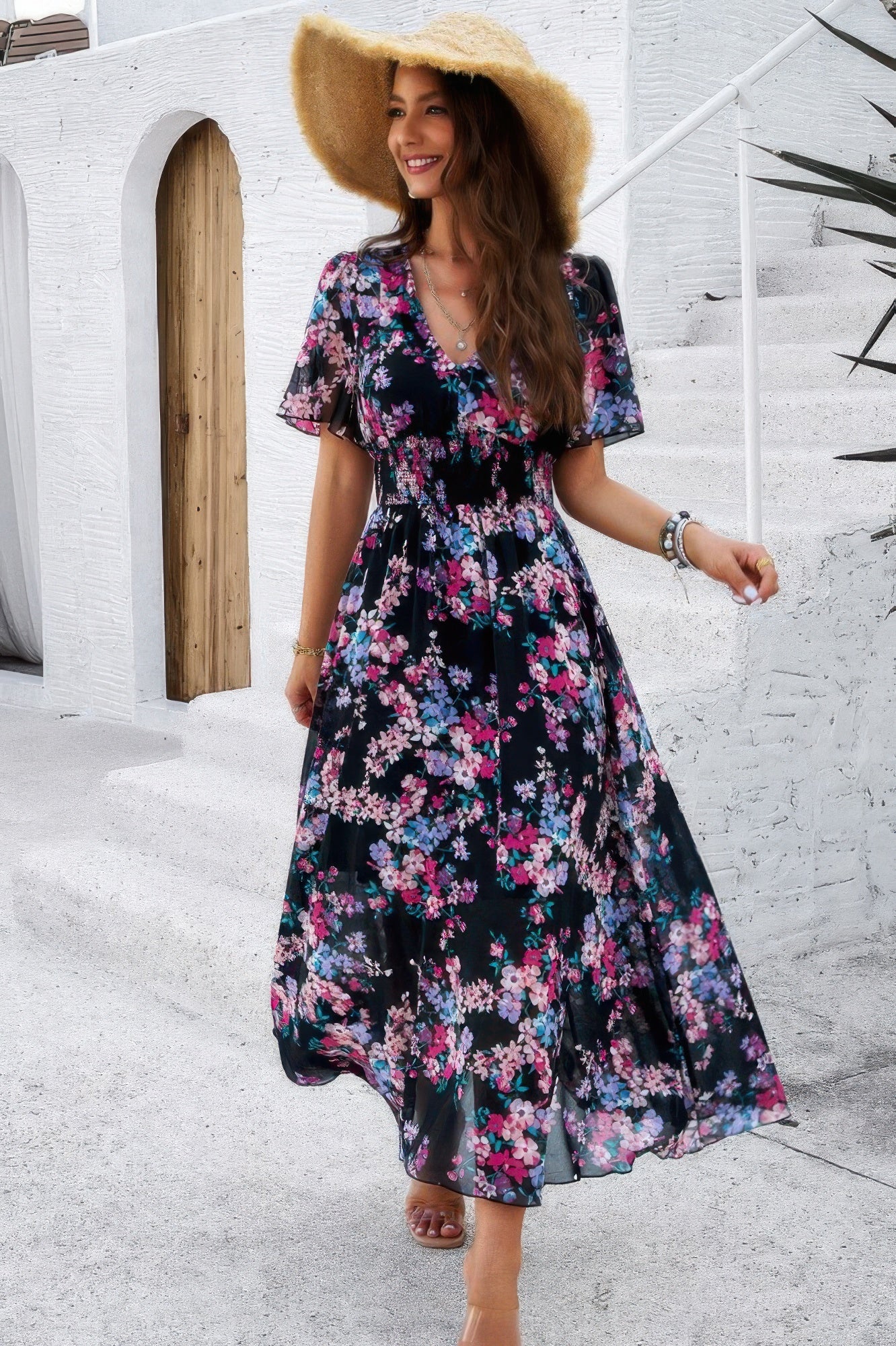 Boho Floral Print High Waist Band Fit Lined Dress - It's a Girly Place