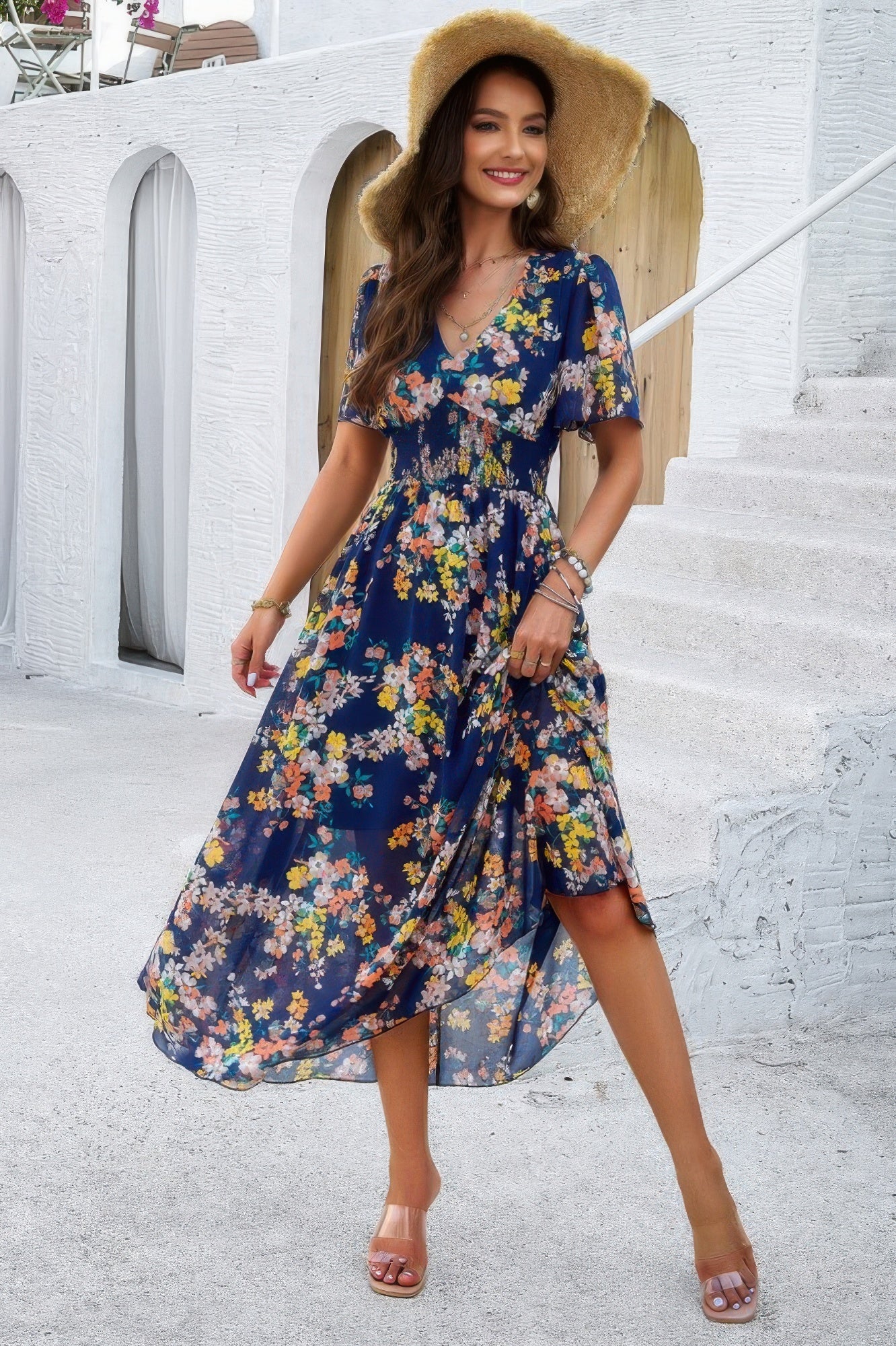 Boho Floral Print High Waist Band Fit Lined Dress - It's a Girly Place