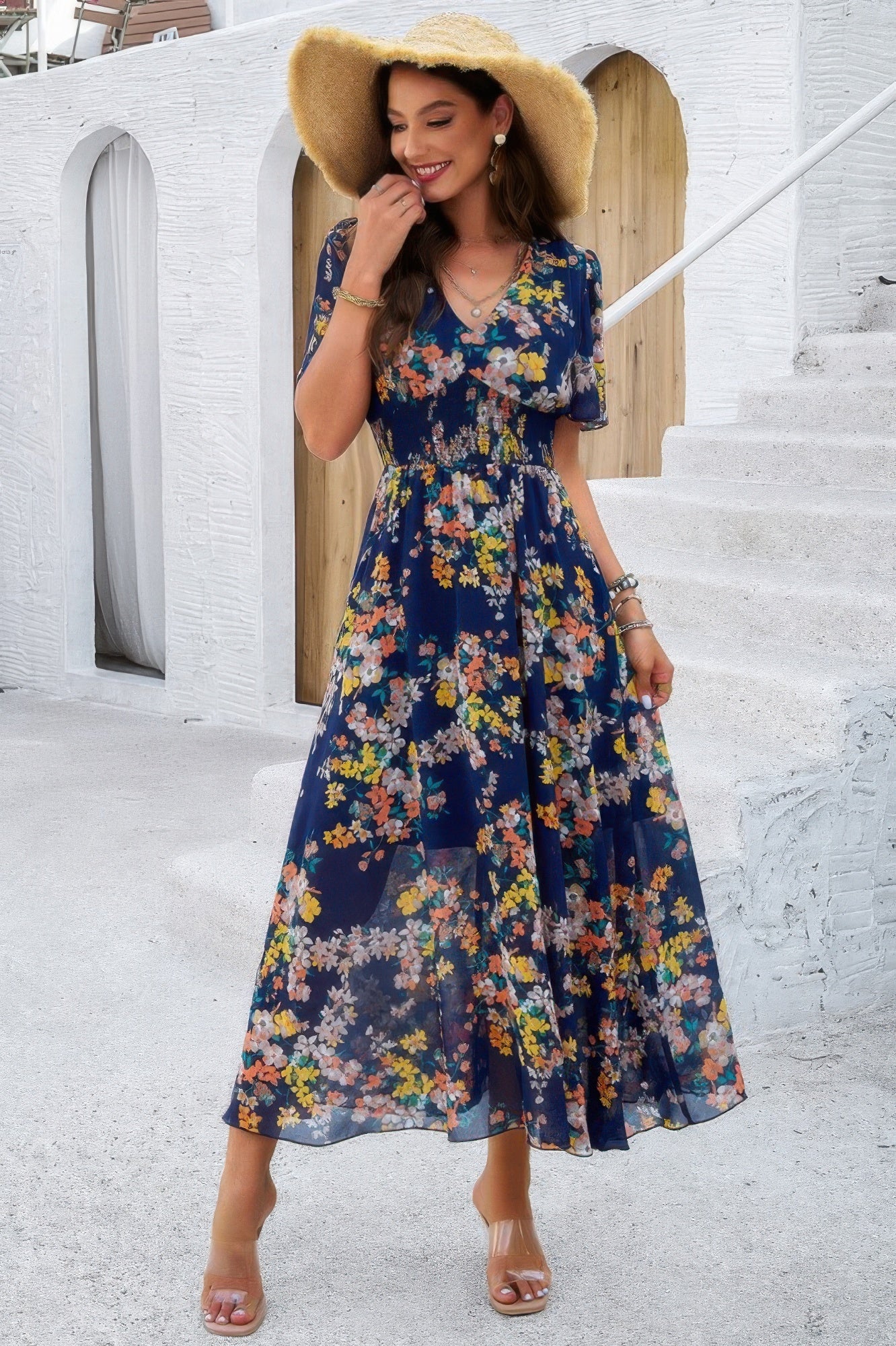Boho Floral Print High Waist Band Fit Lined Dress - It's a Girly Place