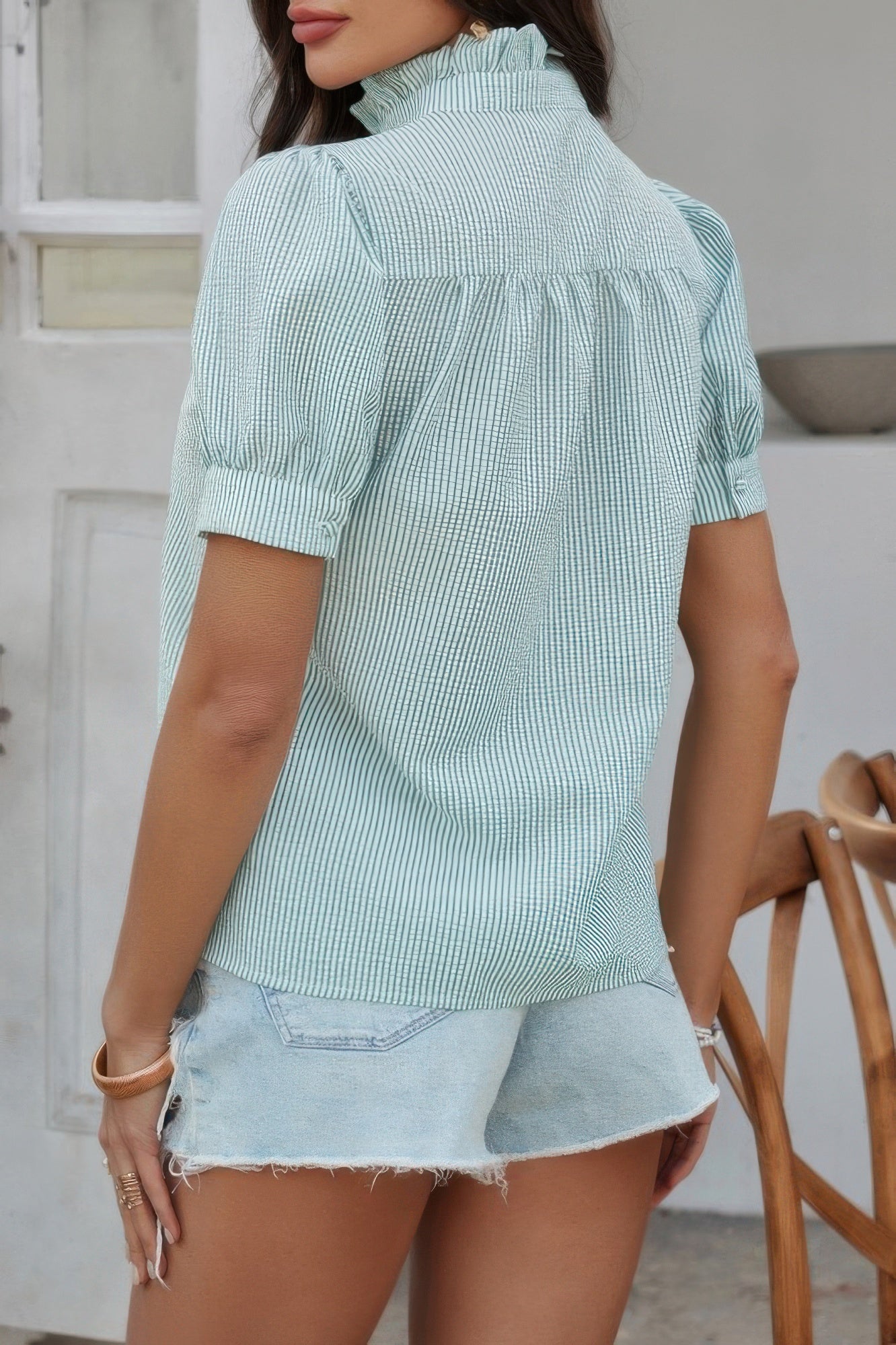 Stripe Button Down Ruffled Front Trim Shirt - It's a Girly Place