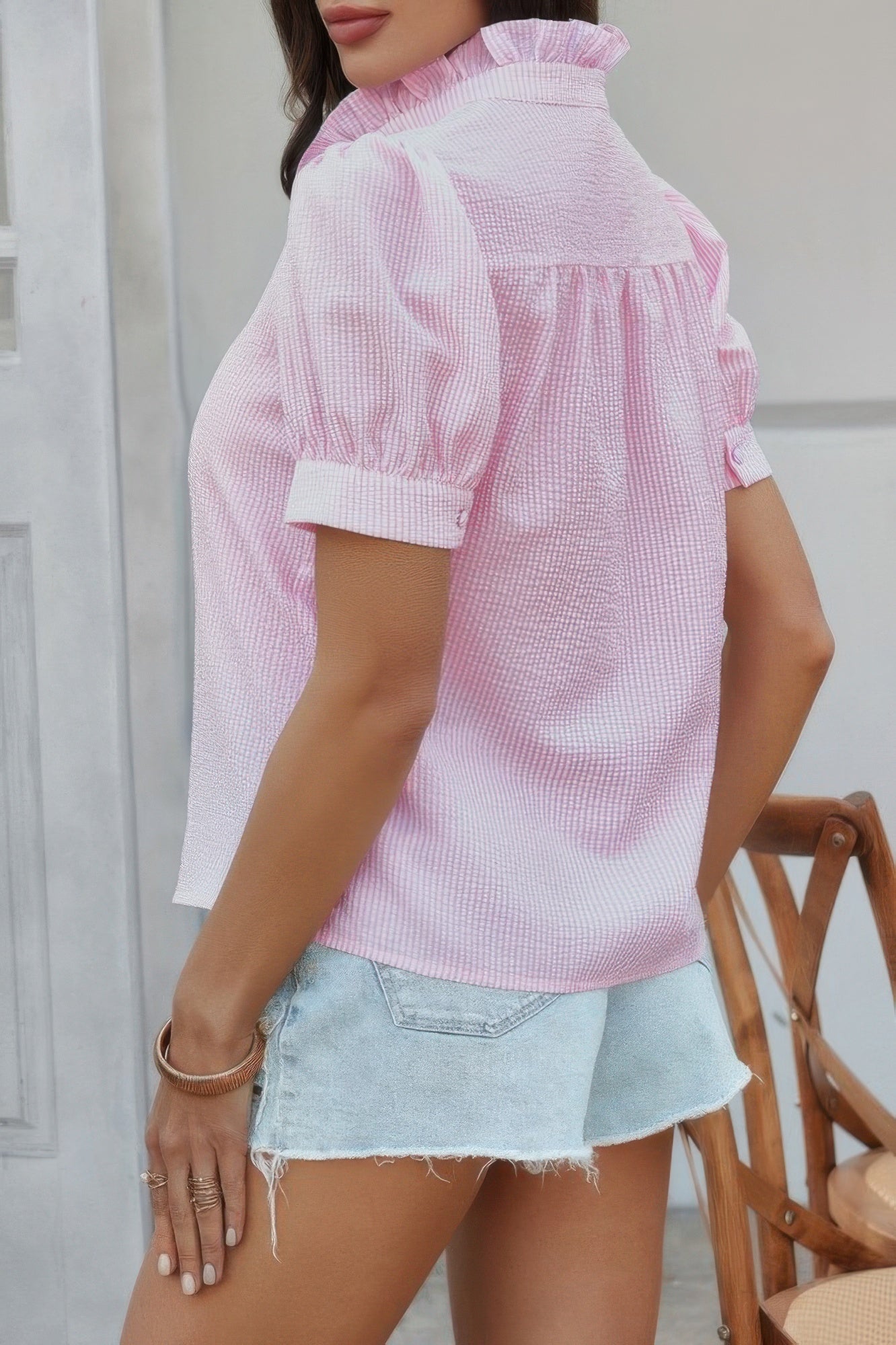Stripe Button Down Ruffled Front Trim Shirt - It's a Girly Place