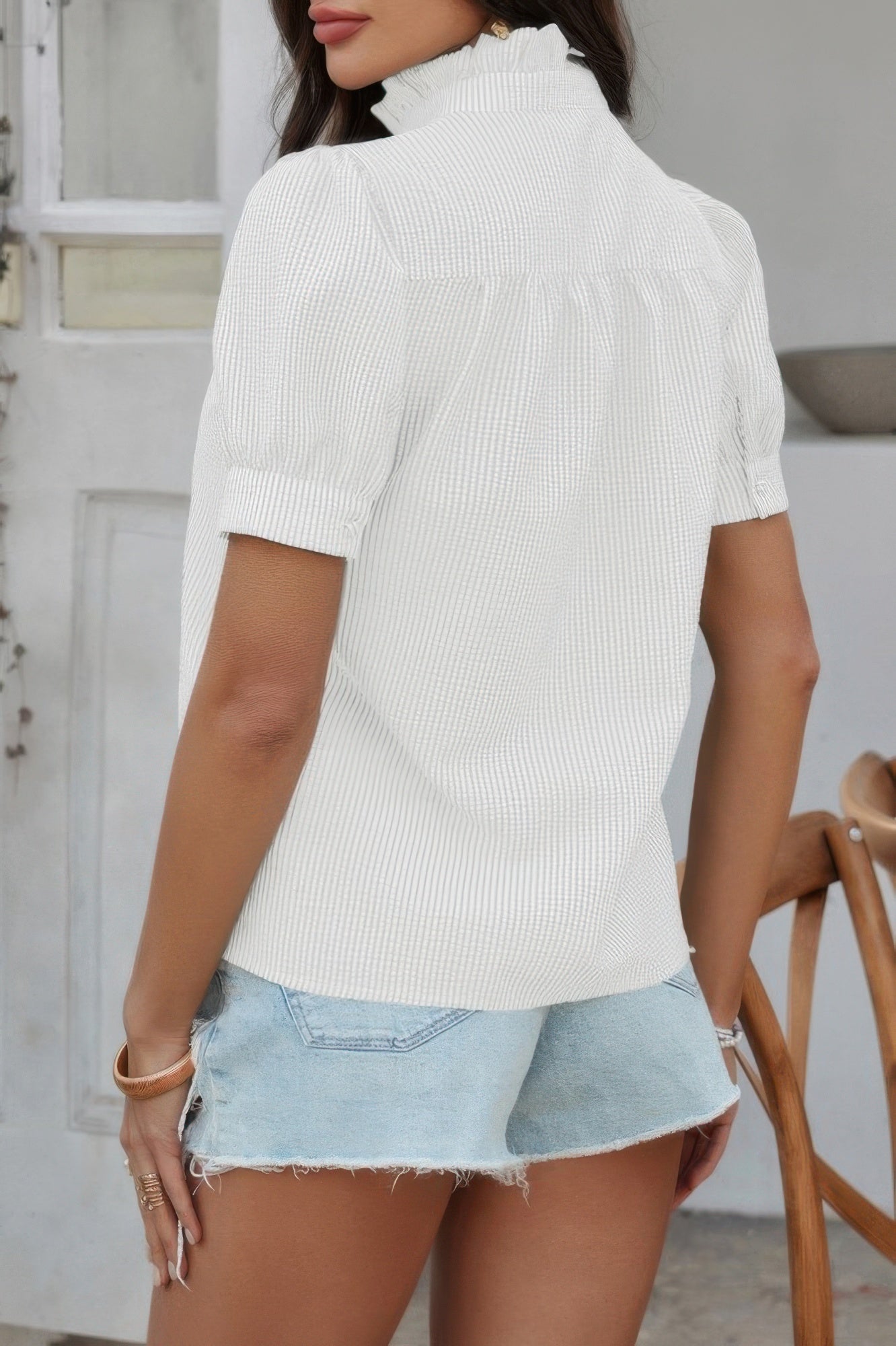 Stripe Button Down Ruffled Front Trim Shirt - It's a Girly Place