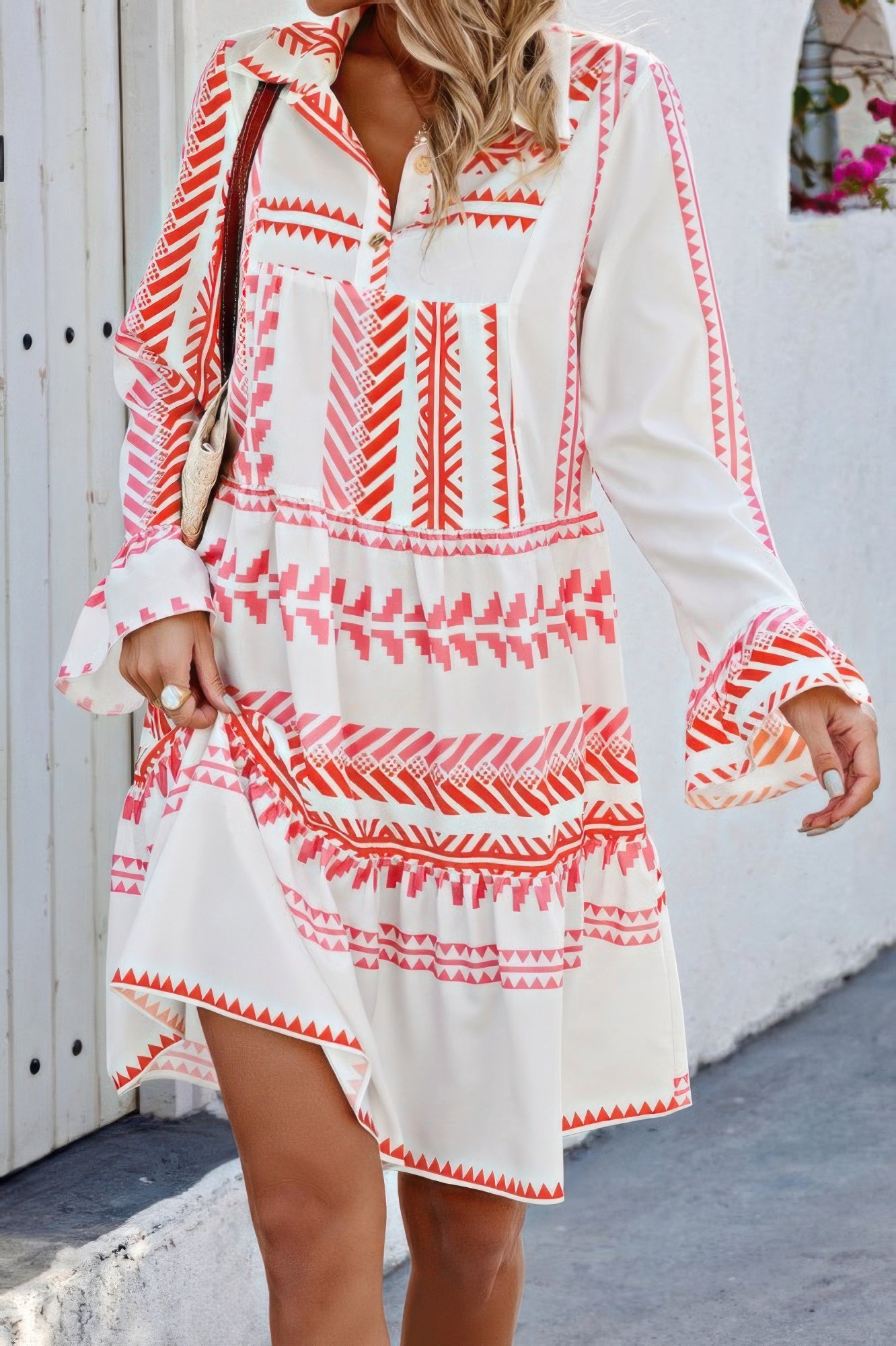 Geometric Printed Bell Ruffle Sleeve Button Dress - It's a Girly Place