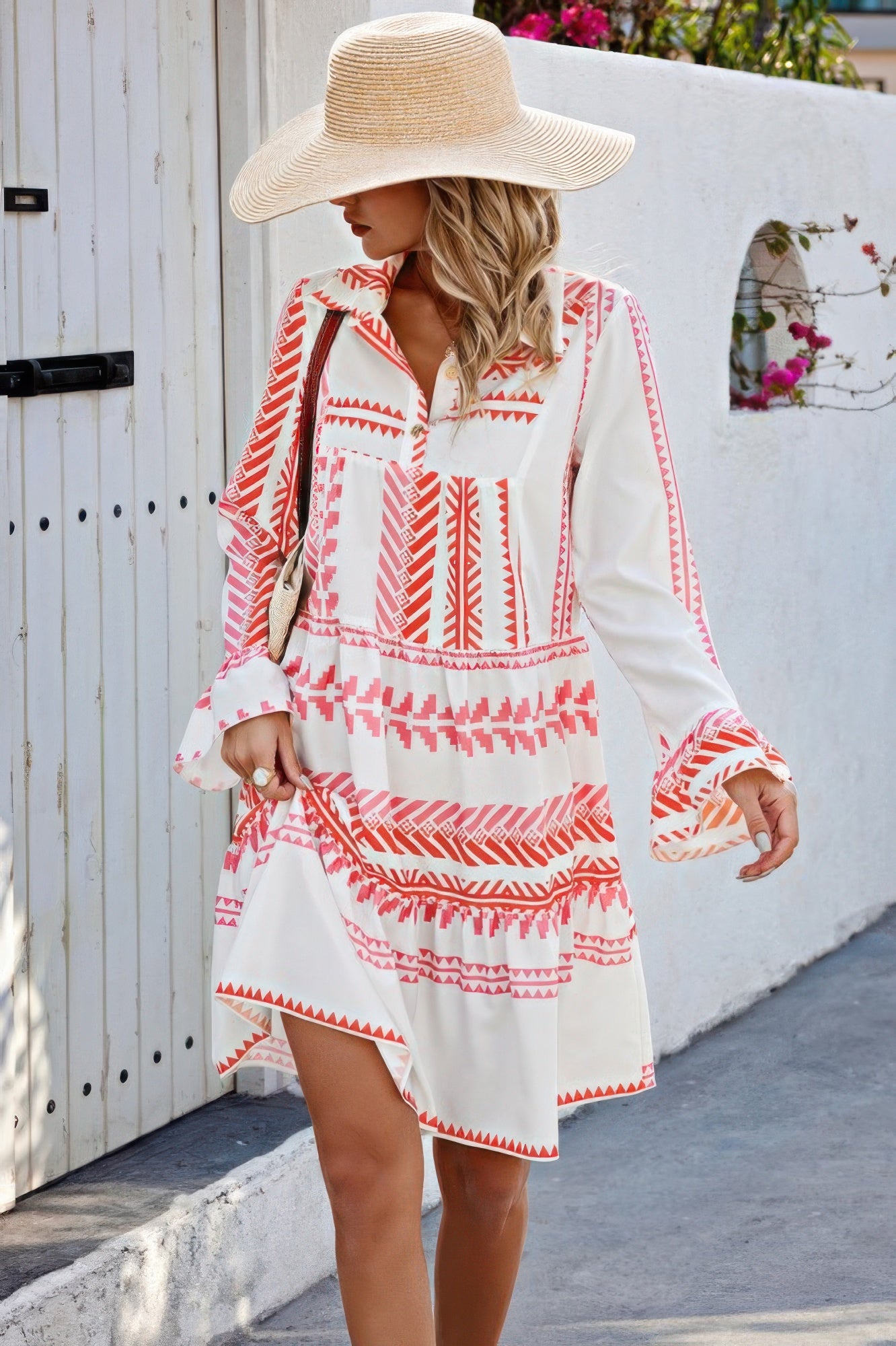 Geometric Printed Bell Ruffle Sleeve Button Dress - It's a Girly Place