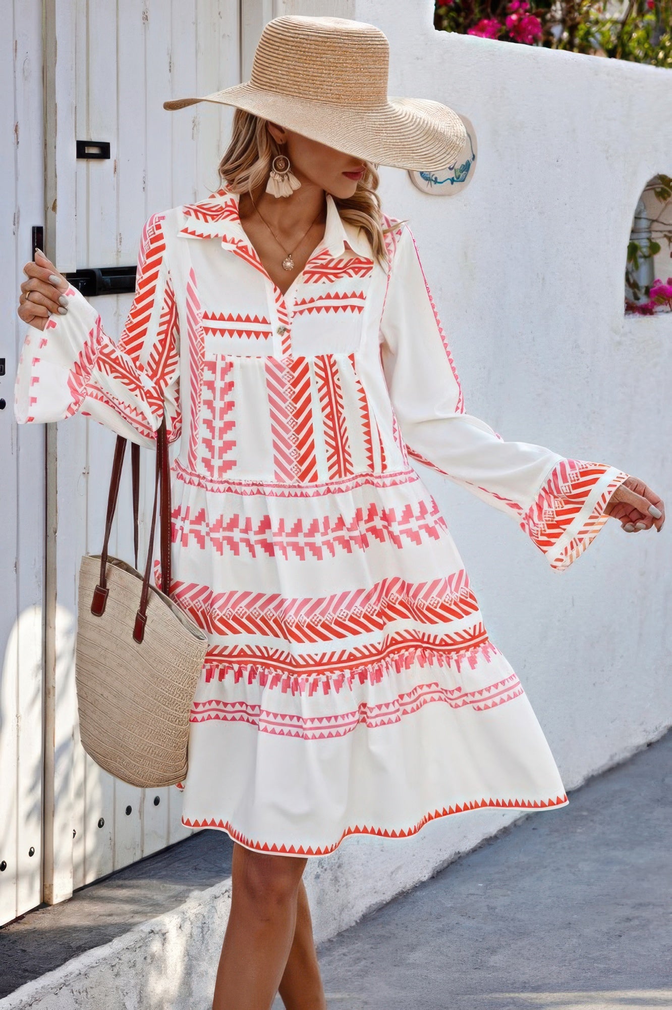Geometric Printed Bell Ruffle Sleeve Button Dress - It's a Girly Place