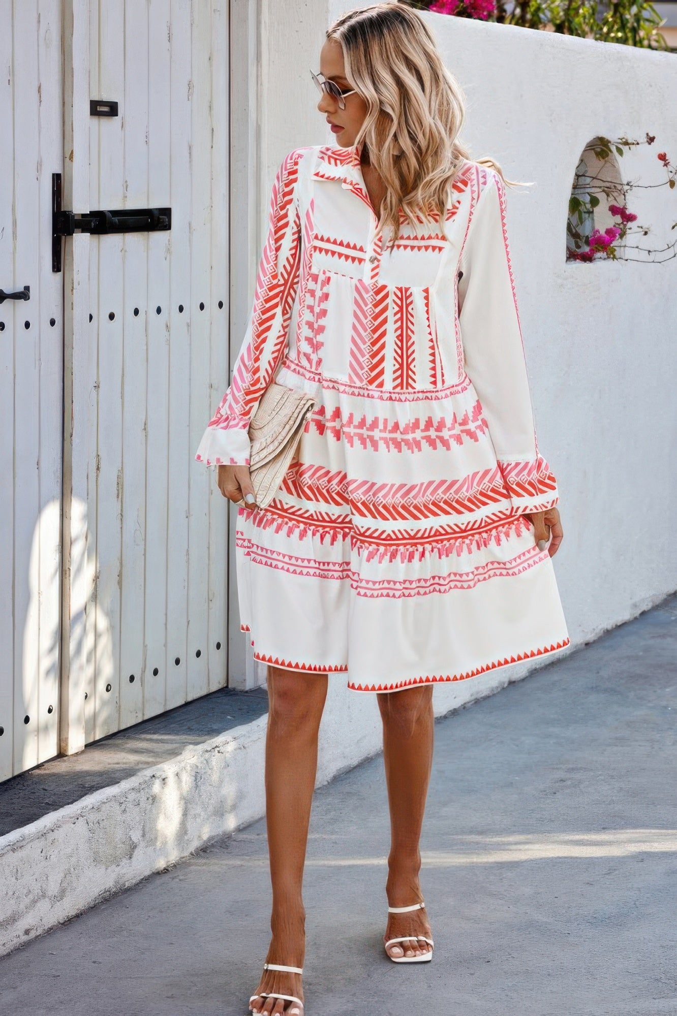 Geometric Printed Bell Ruffle Sleeve Button Dress - It's a Girly Place