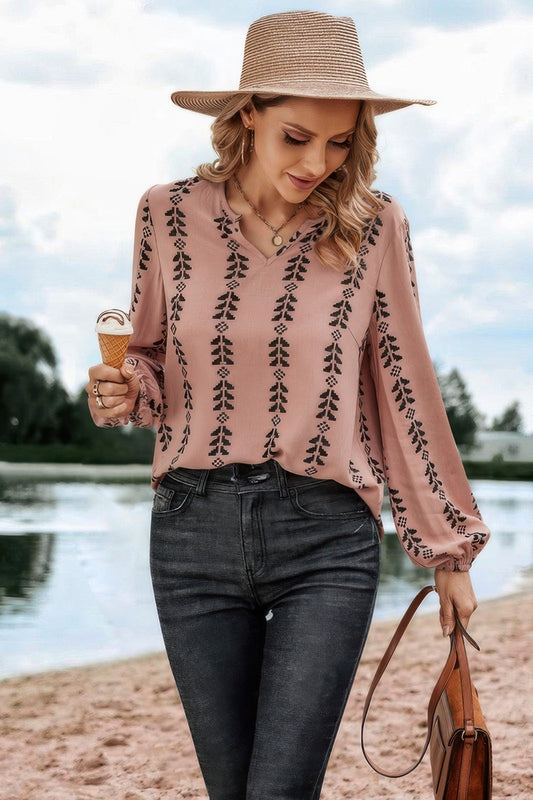 Graphic Print Strip Loose Fit V Neck Blouse - It's a Girly Place