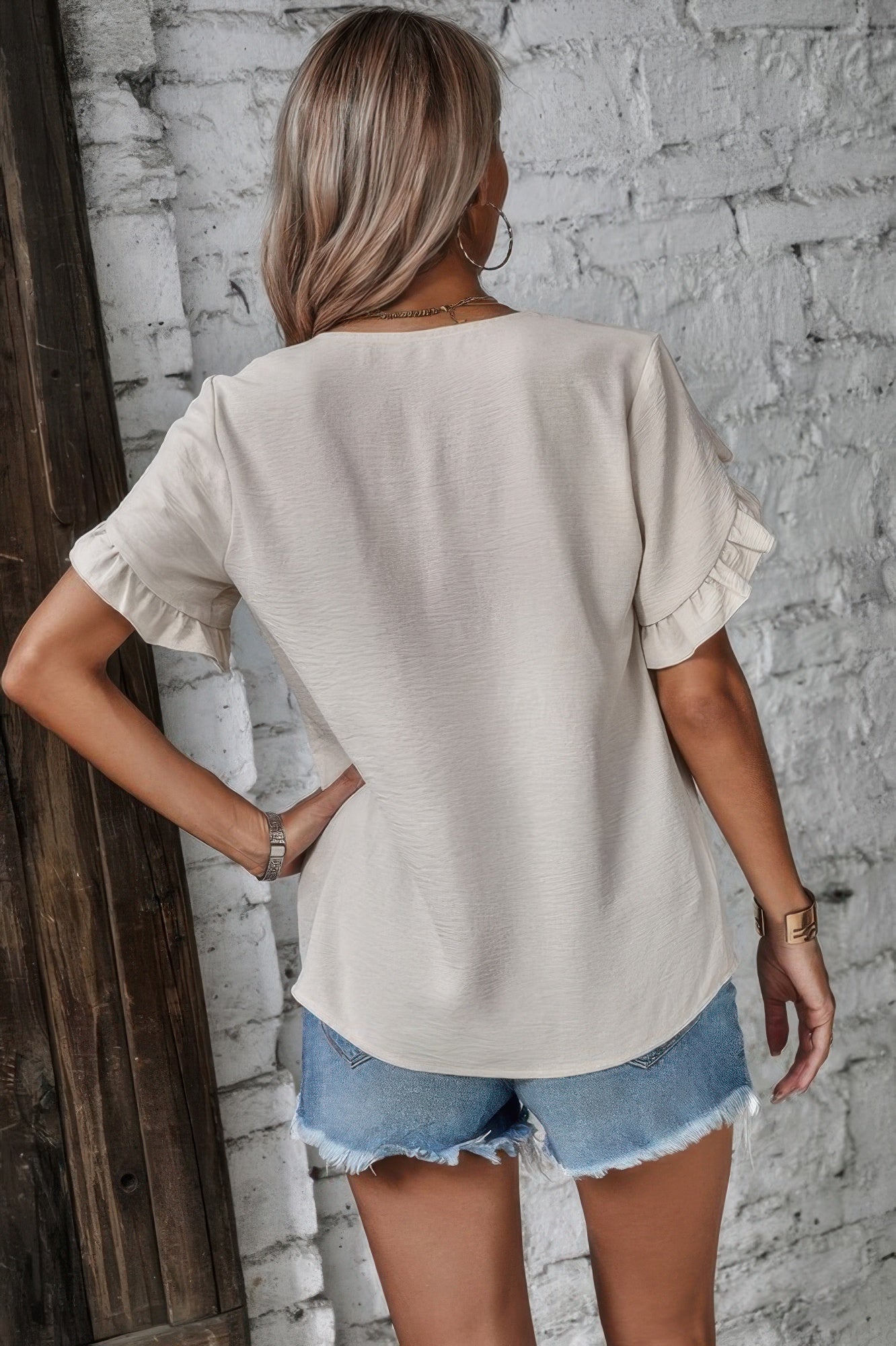 Solid Button V Neck Ruffle Sleeves Blouse - It's a Girly Place