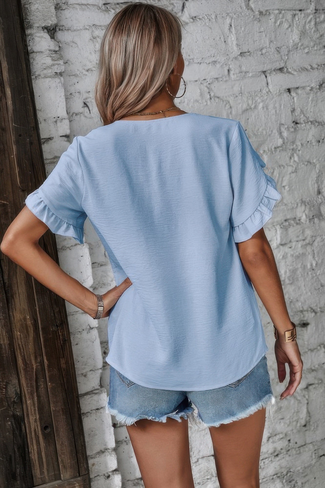 Solid Button V Neck Ruffle Sleeves Blouse - It's a Girly Place