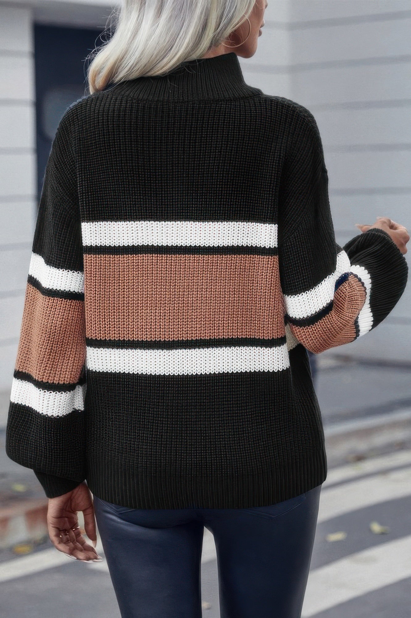 Half Zipper Strip Knit Loose Fit Sweater - It's a Girly Place
