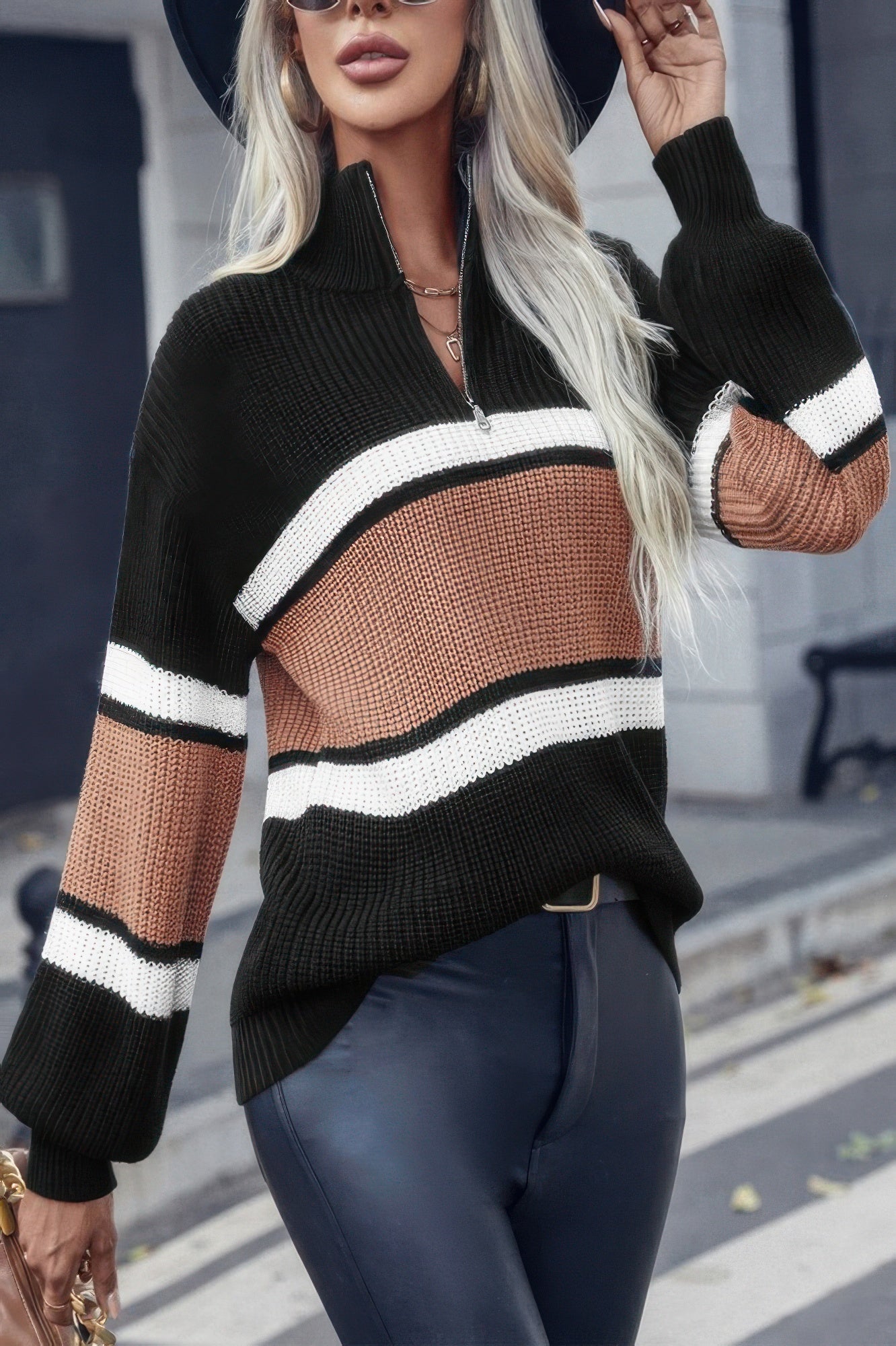 Half Zipper Strip Knit Loose Fit Sweater - It's a Girly Place