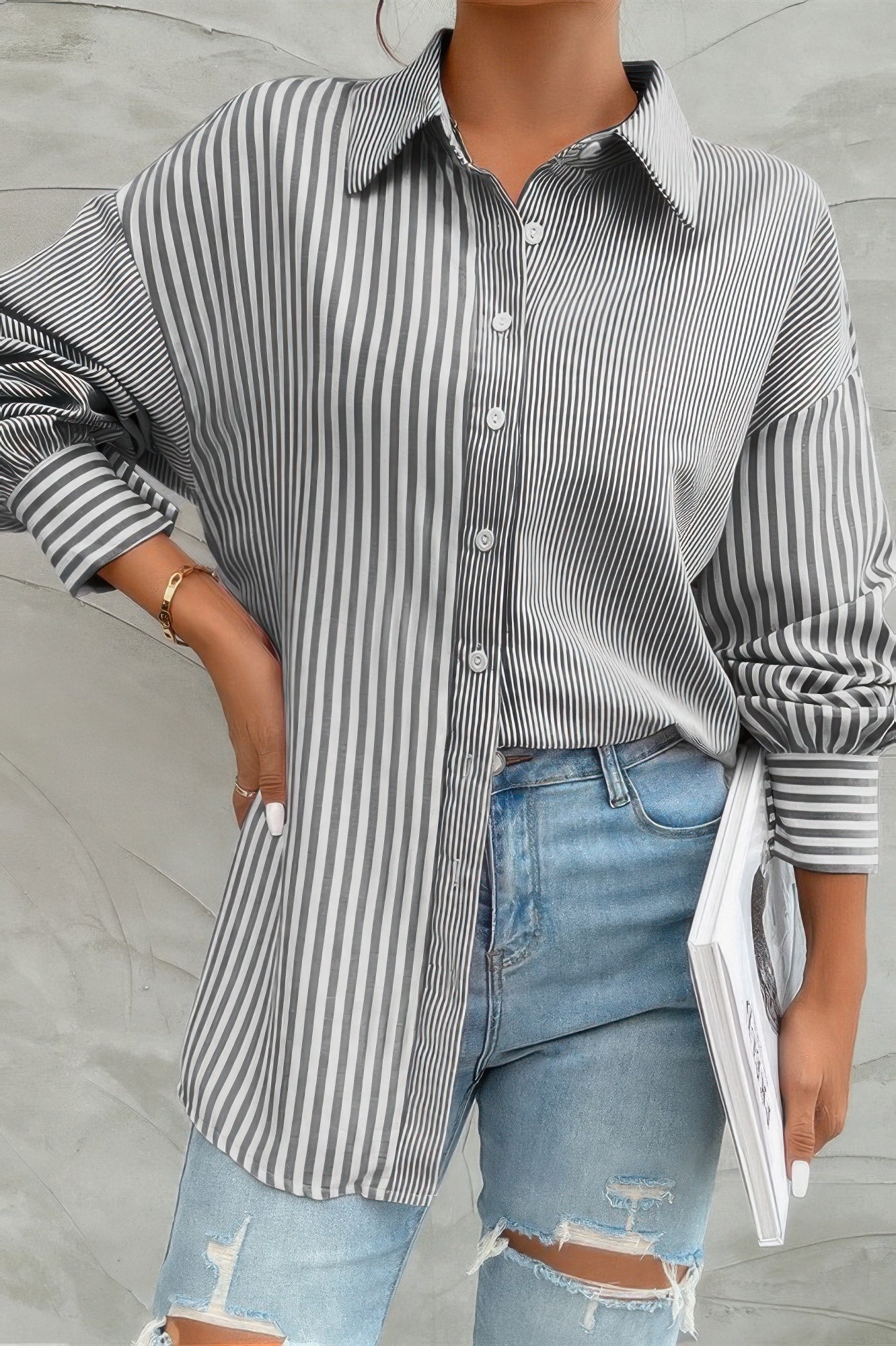 Stripe Print Button Down Long Sleeve Collar Shirt - It's a Girly Place