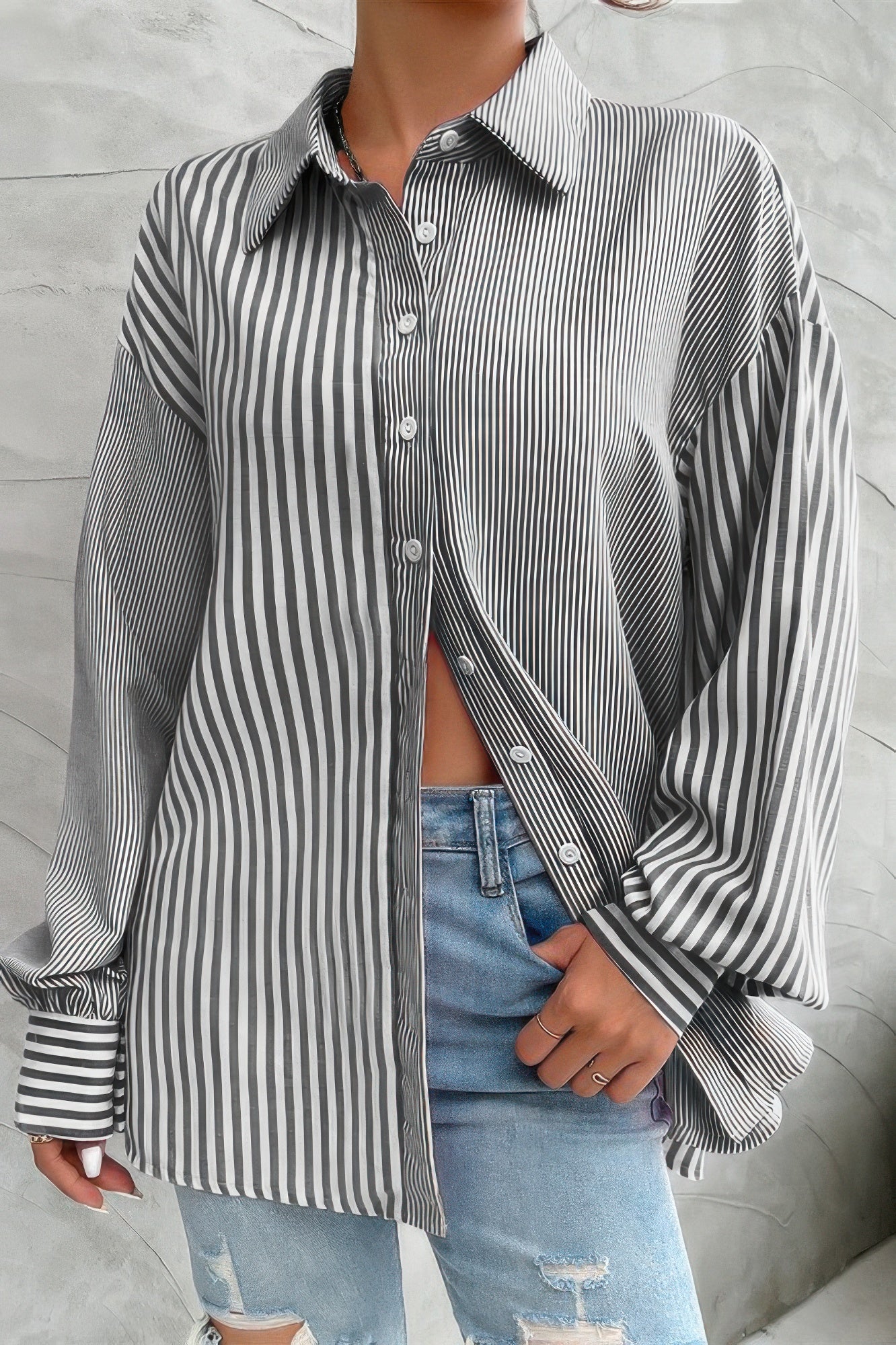 Stripe Print Button Down Long Sleeve Collar Shirt - It's a Girly Place