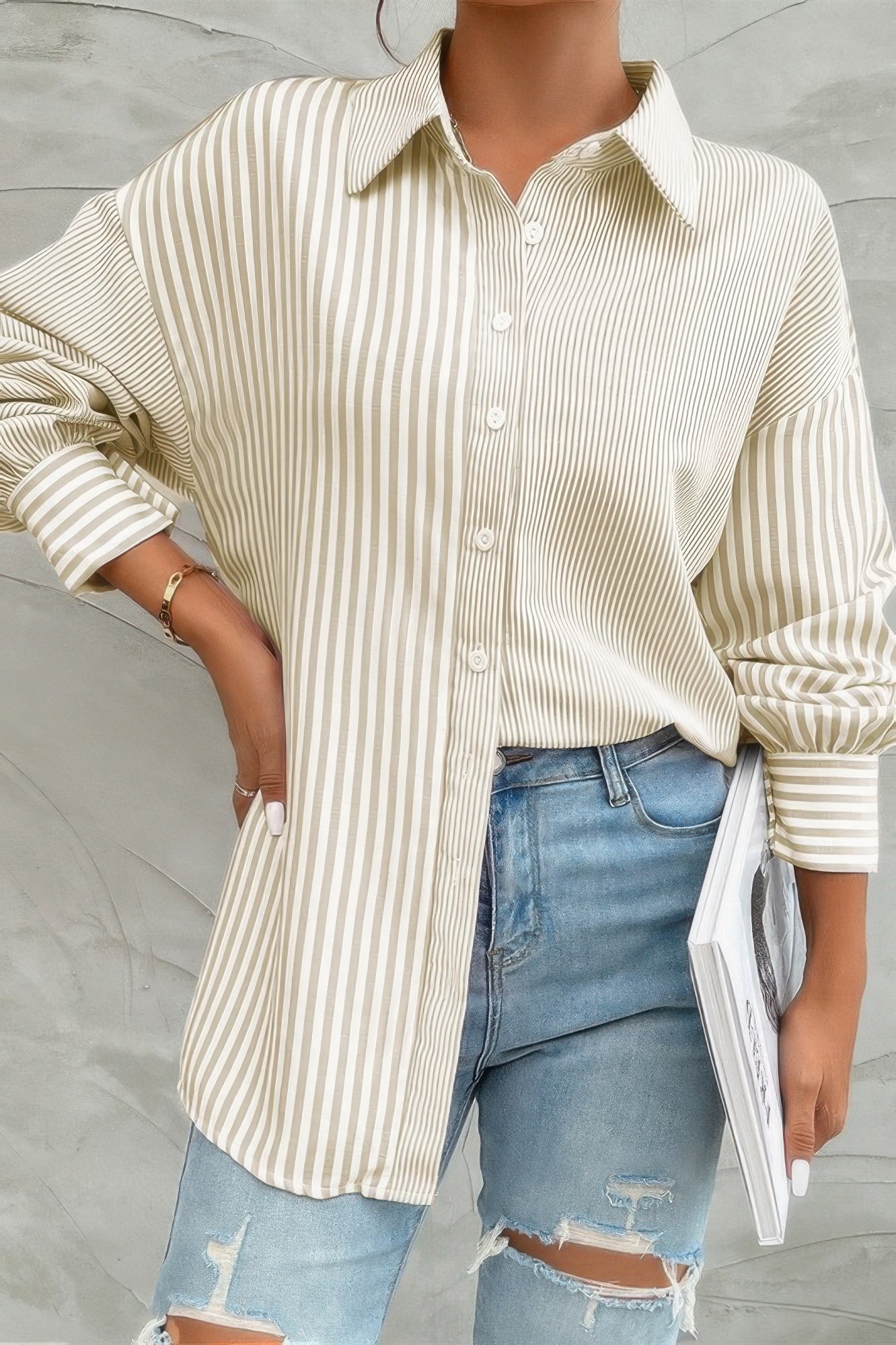 Stripe Print Button Down Long Sleeve Collar Shirt - It's a Girly Place