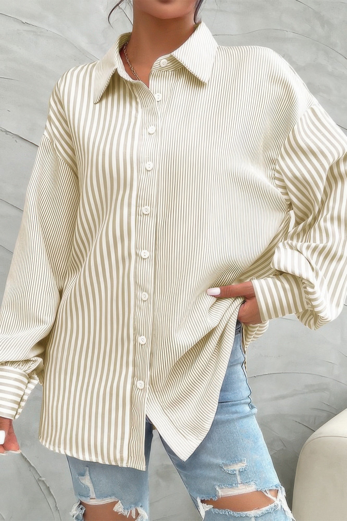 Stripe Print Button Down Long Sleeve Collar Shirt - It's a Girly Place