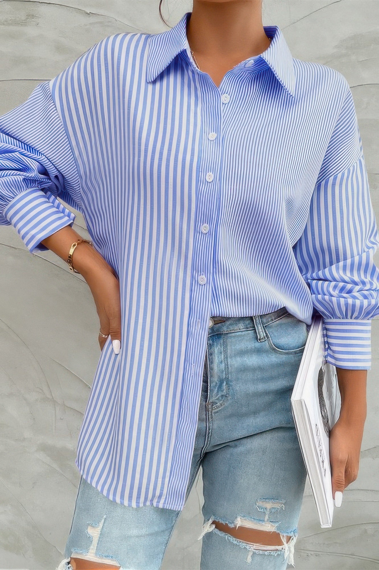Stripe Print Button Down Long Sleeve Collar Shirt - It's a Girly Place
