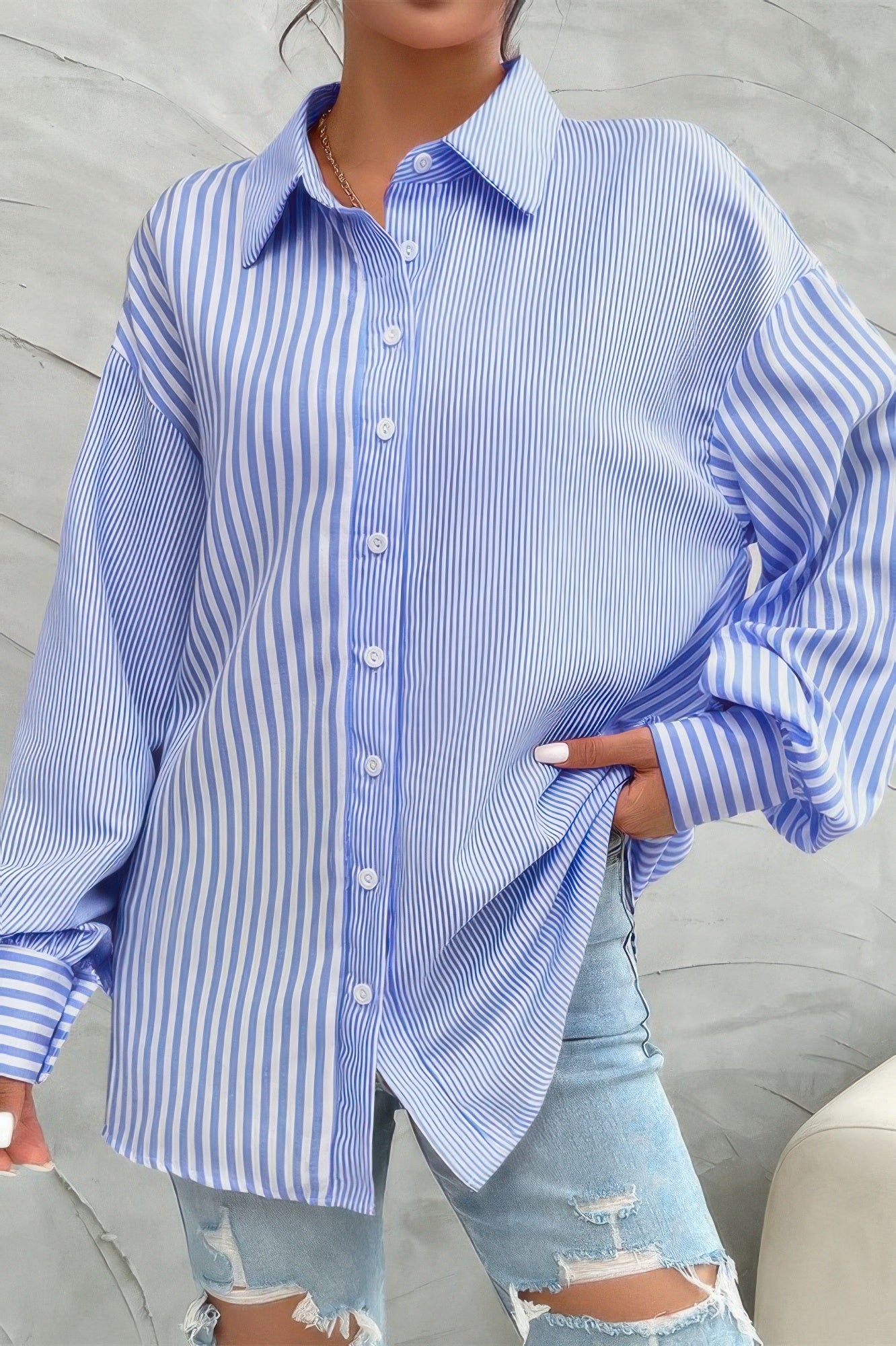 Stripe Print Button Down Long Sleeve Collar Shirt - It's a Girly Place