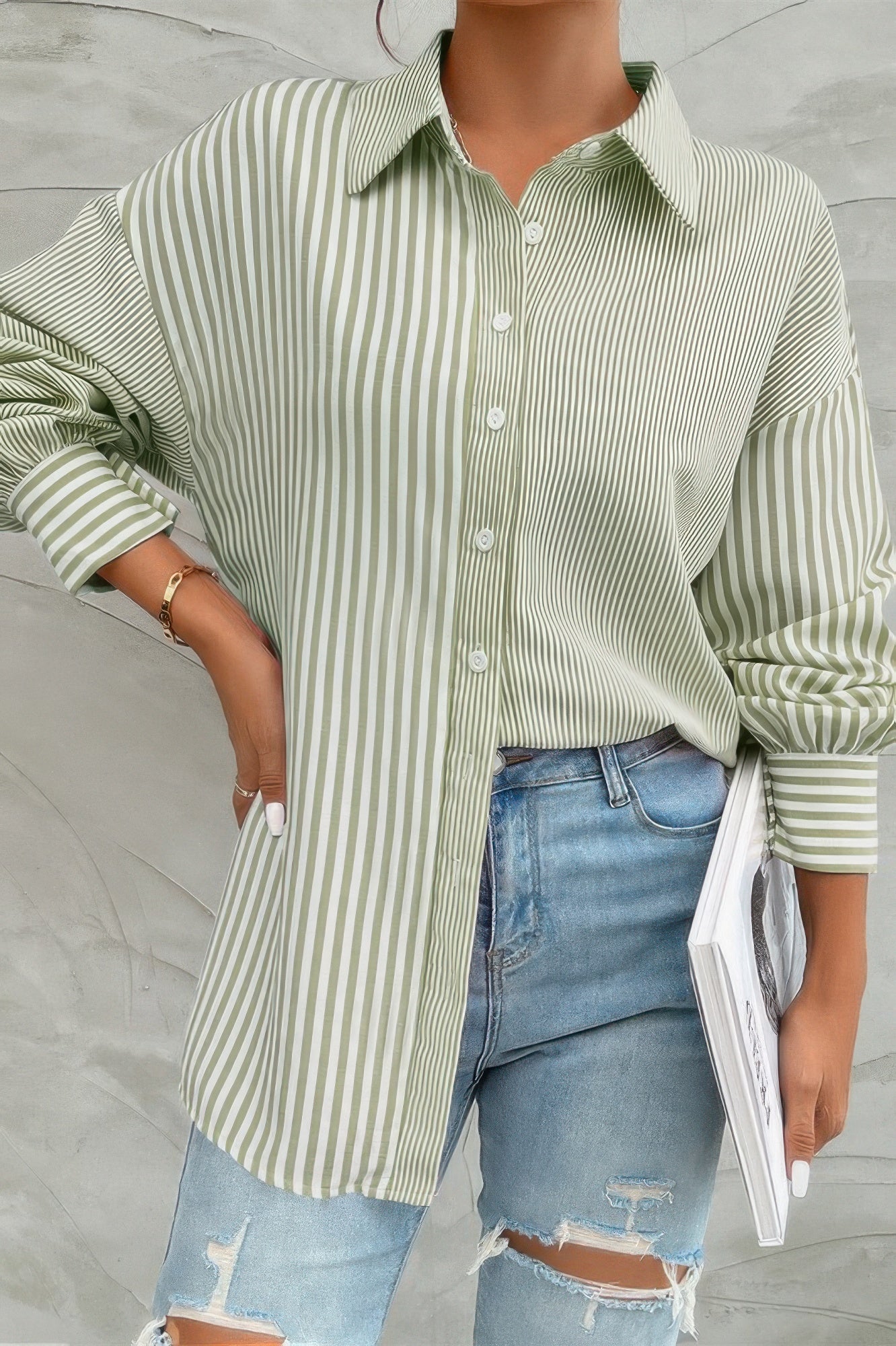 Stripe Print Button Down Long Sleeve Collar Shirt - It's a Girly Place
