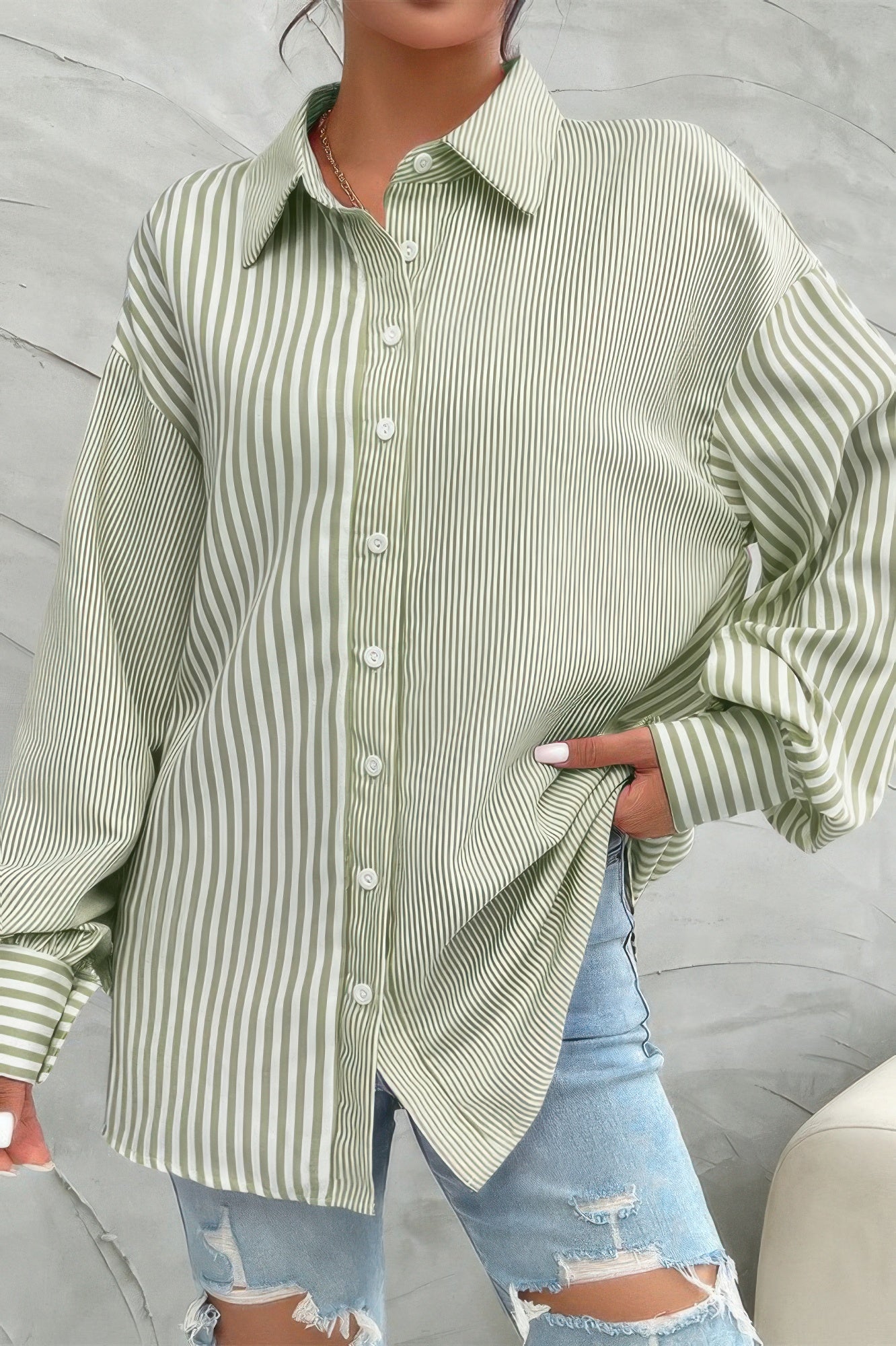 Stripe Print Button Down Long Sleeve Collar Shirt - It's a Girly Place