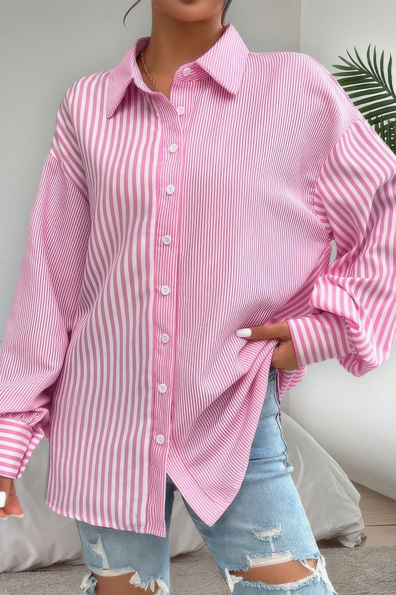 Stripe Print Button Down Long Sleeve Collar Shirt - It's a Girly Place