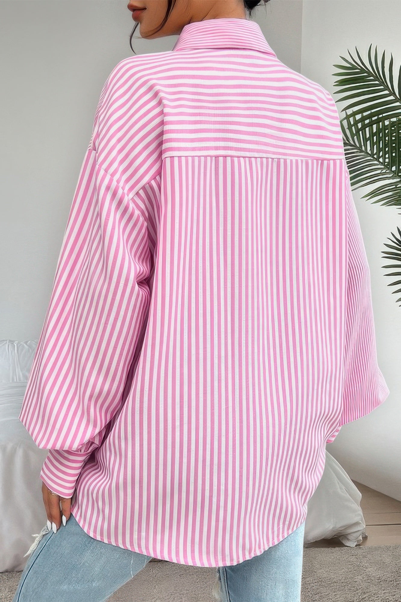 Stripe Print Button Down Long Sleeve Collar Shirt - It's a Girly Place