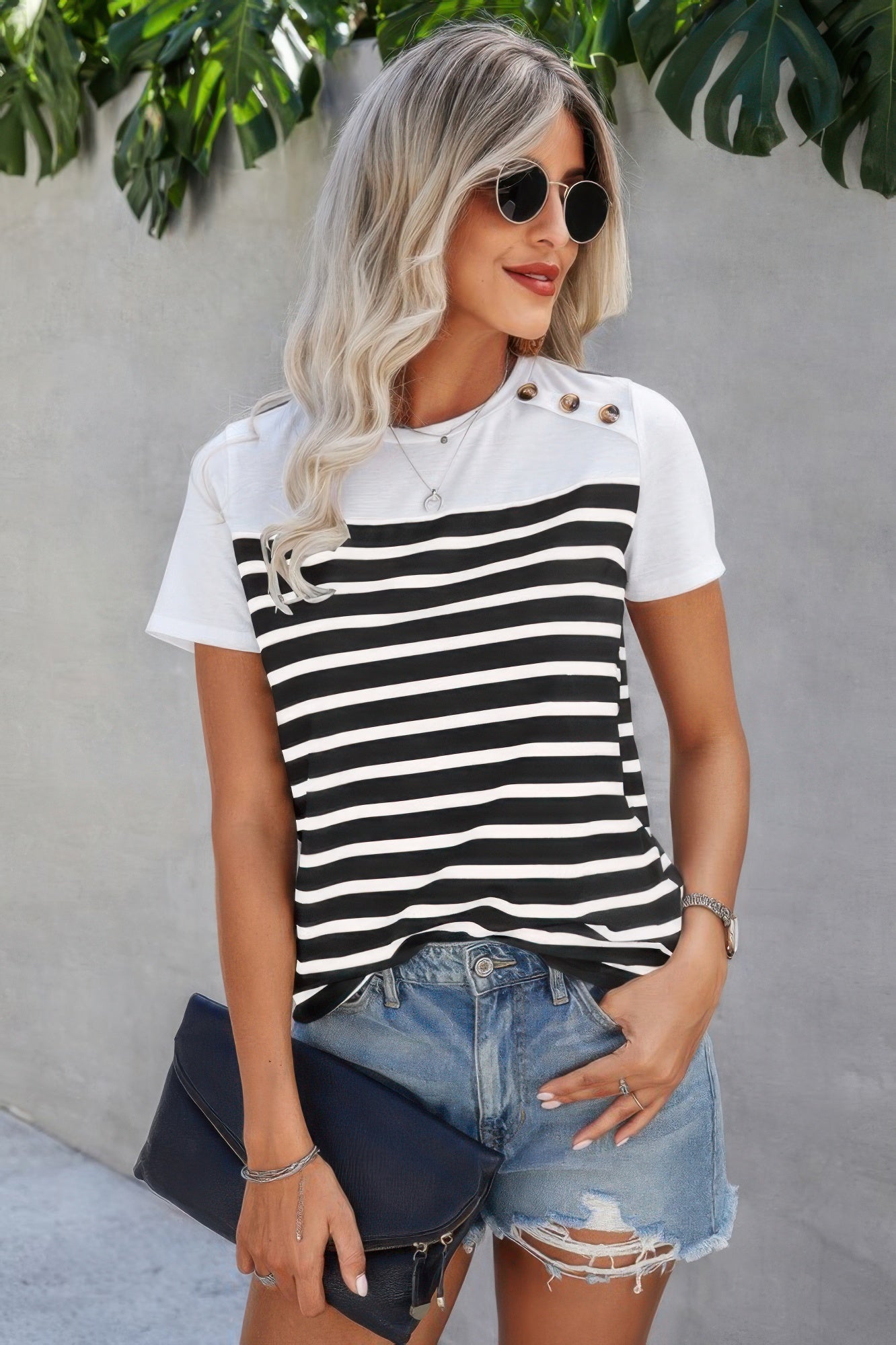 Strip Round Neck Loose Fit Button Tee - It's a Girly Place