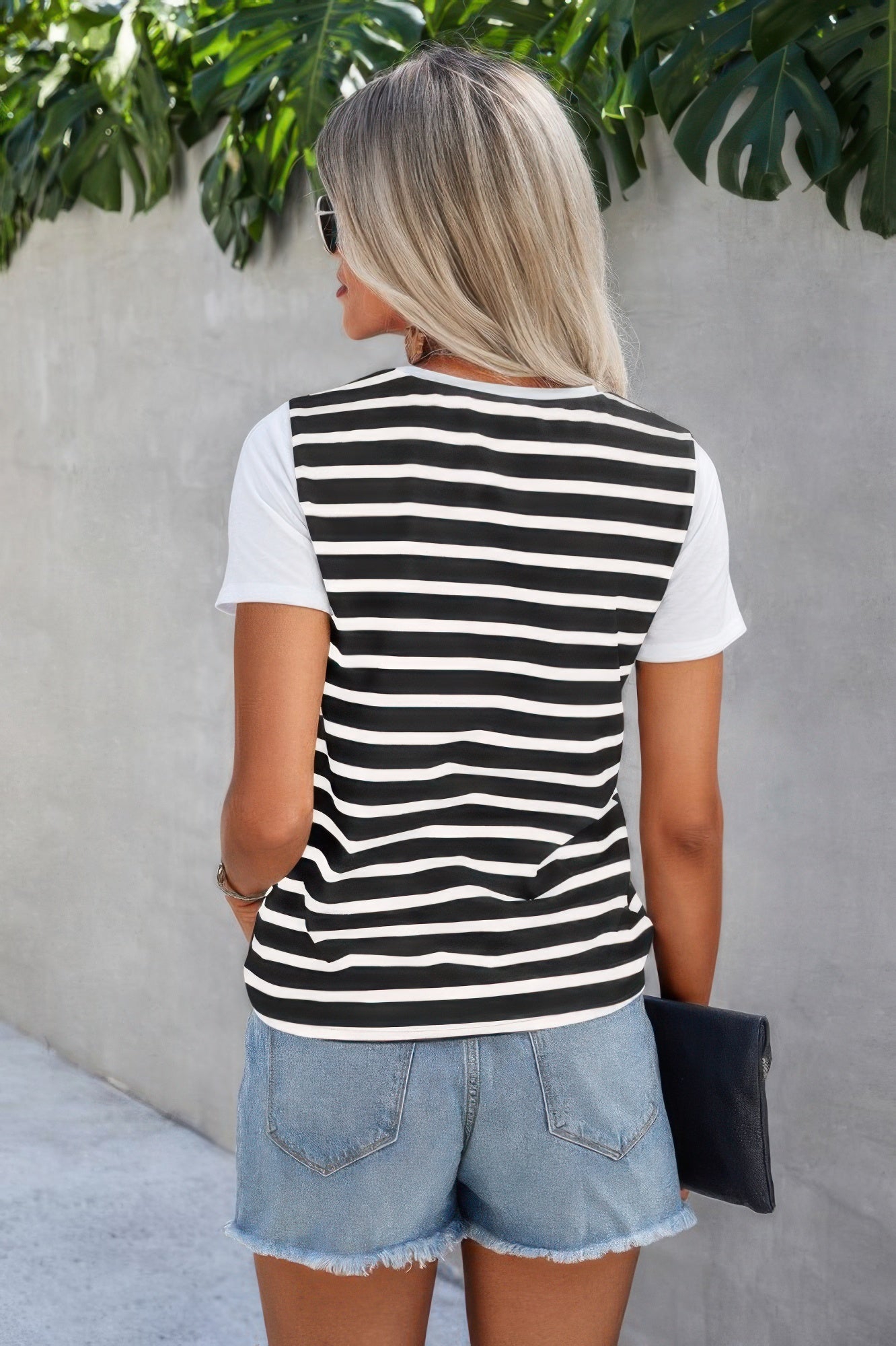 Strip Round Neck Loose Fit Button Tee - It's a Girly Place